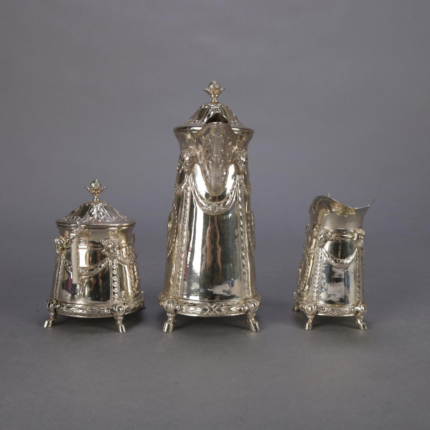3-Piece Petite German .800 Silver Georg Roth Hanau Cameo Repousse Tea Set In Good Condition In Big Flats, NY