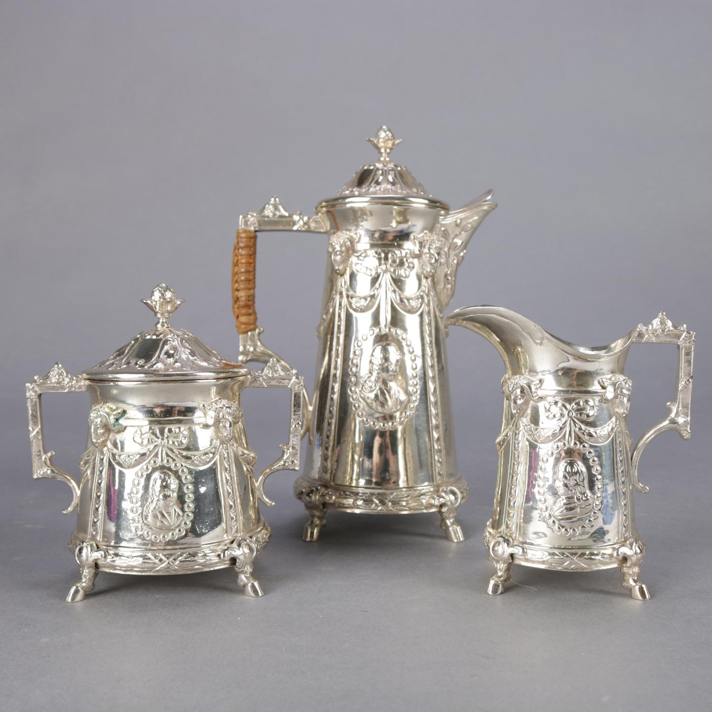 Sterling Silver 3-Piece Petite German .800 Silver Georg Roth Hanau Cameo Repousse Tea Set