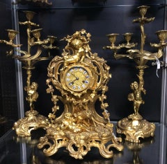 19th Century 3-Piece Set Bronze Ormolu Decorative French Clock, circa 1870