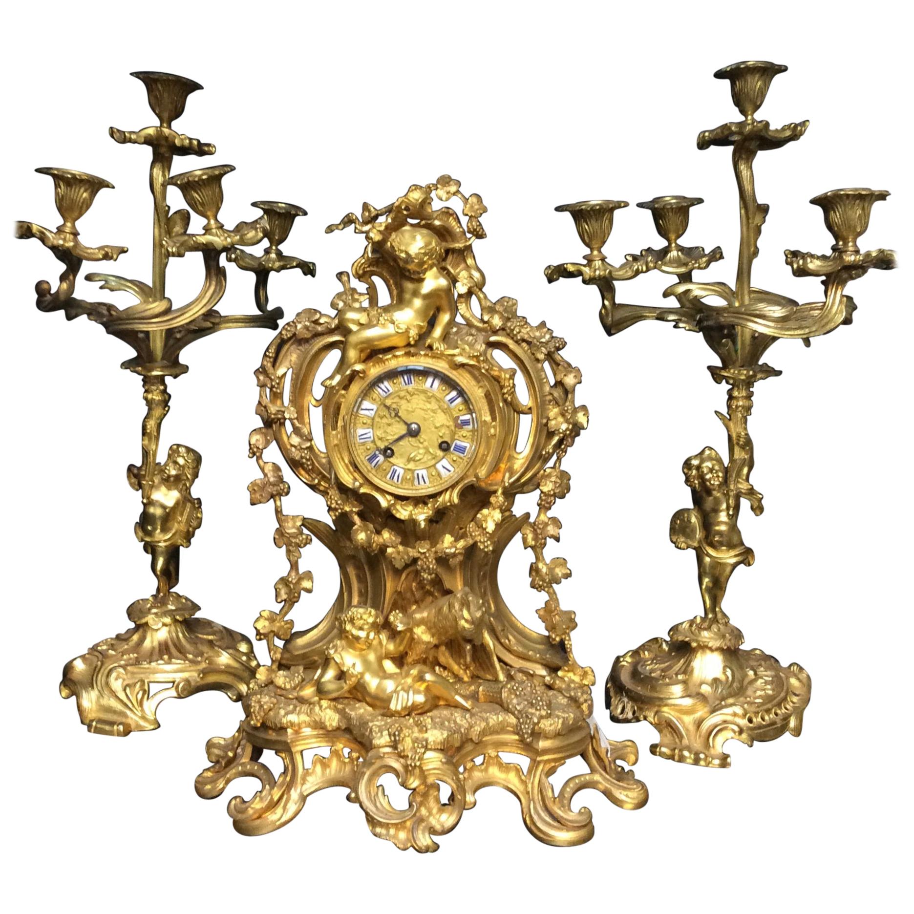 19th Century 3-Piece Set Bronze Ormolu Decorative French Clock, circa 1870