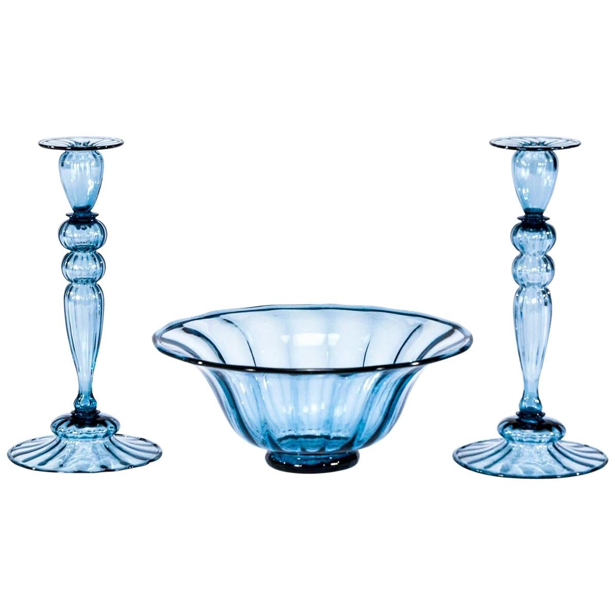 3-Piece Set Hand Blown Steuben Steel Blue Centerpiece with Matching Candlesticks