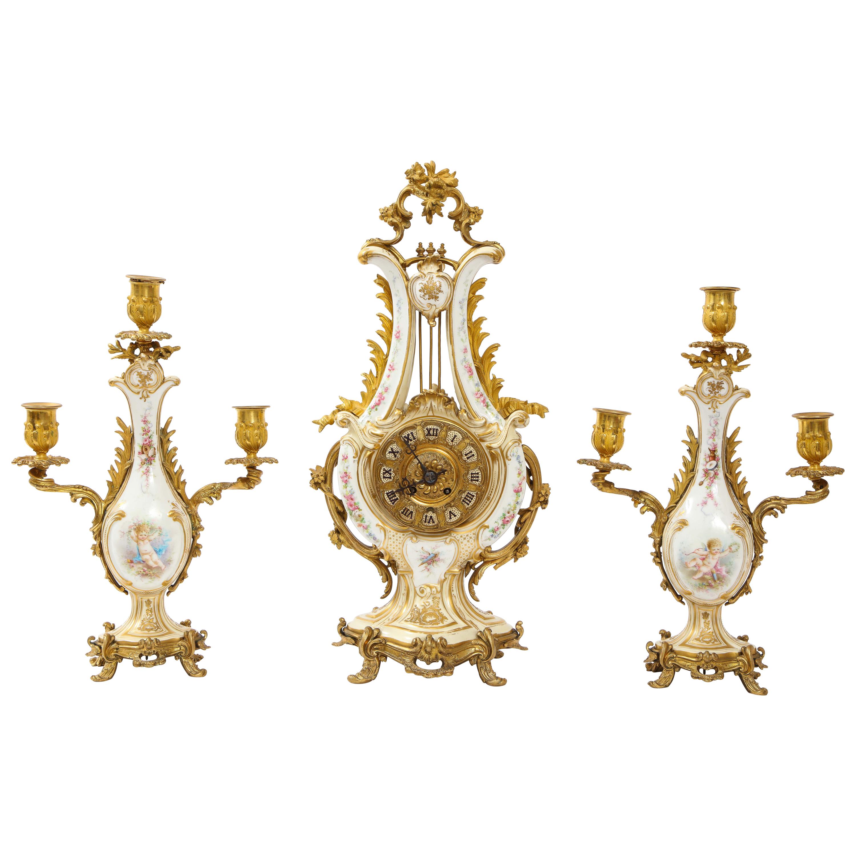 3-Piece Sevres Porcelain and Dore Bronze Mnt. Clock and Candelabra Garniture