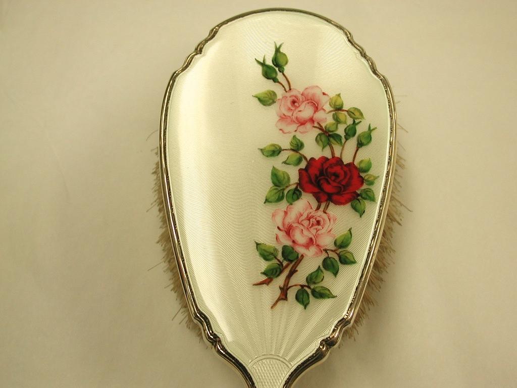 Mid-20th Century 3-Piece Sterling Silver and Floral Enamel Dressing Table Hairbrush Set