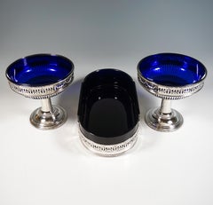 3-Piece Silver Art Nouveau Centerpiece With Blue Glass Inserts, France Ca 1905