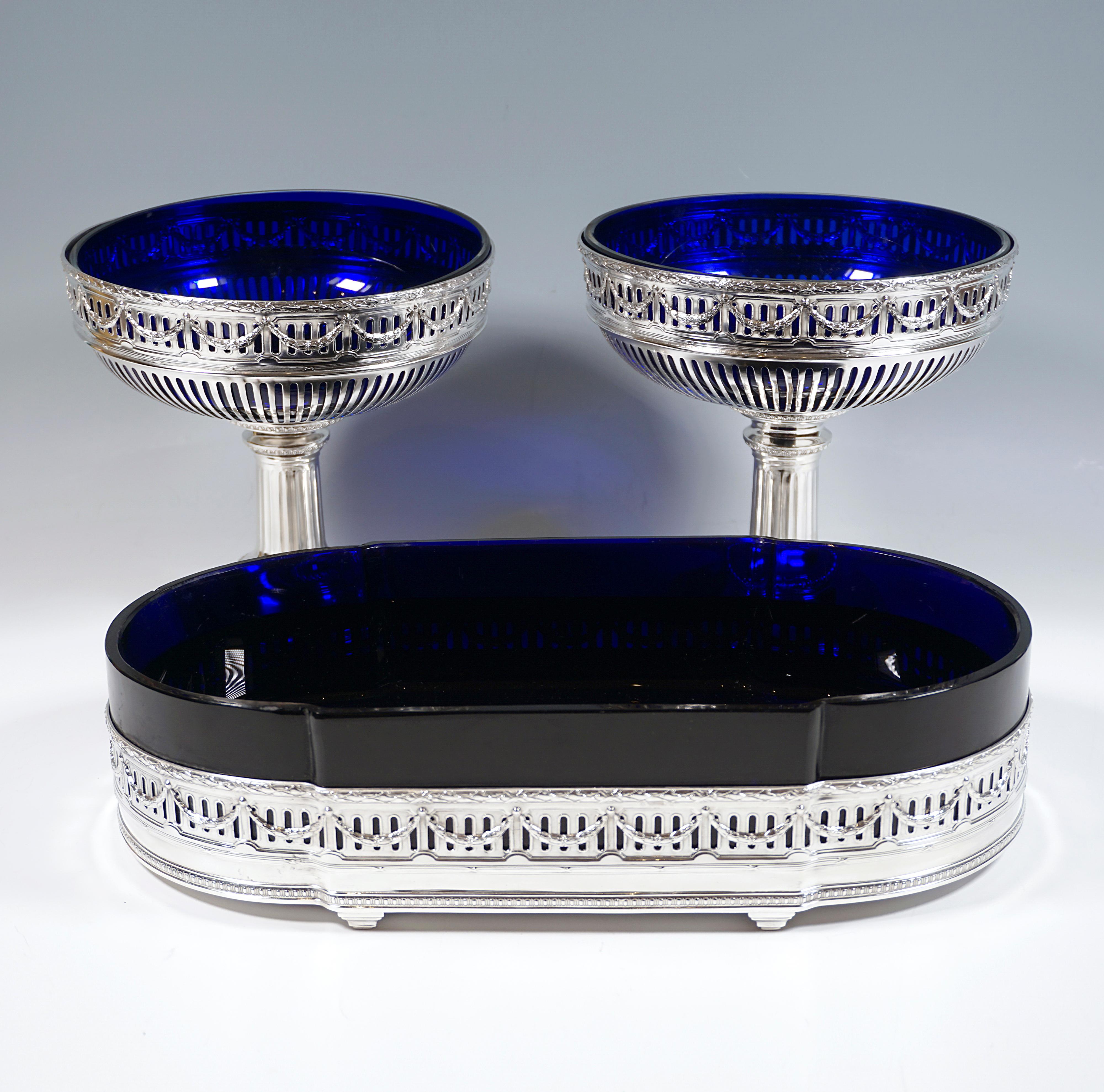 French 3-Piece Silver Art Nouveau Centerpiece With Blue Glass Inserts, France Ca 1905 For Sale