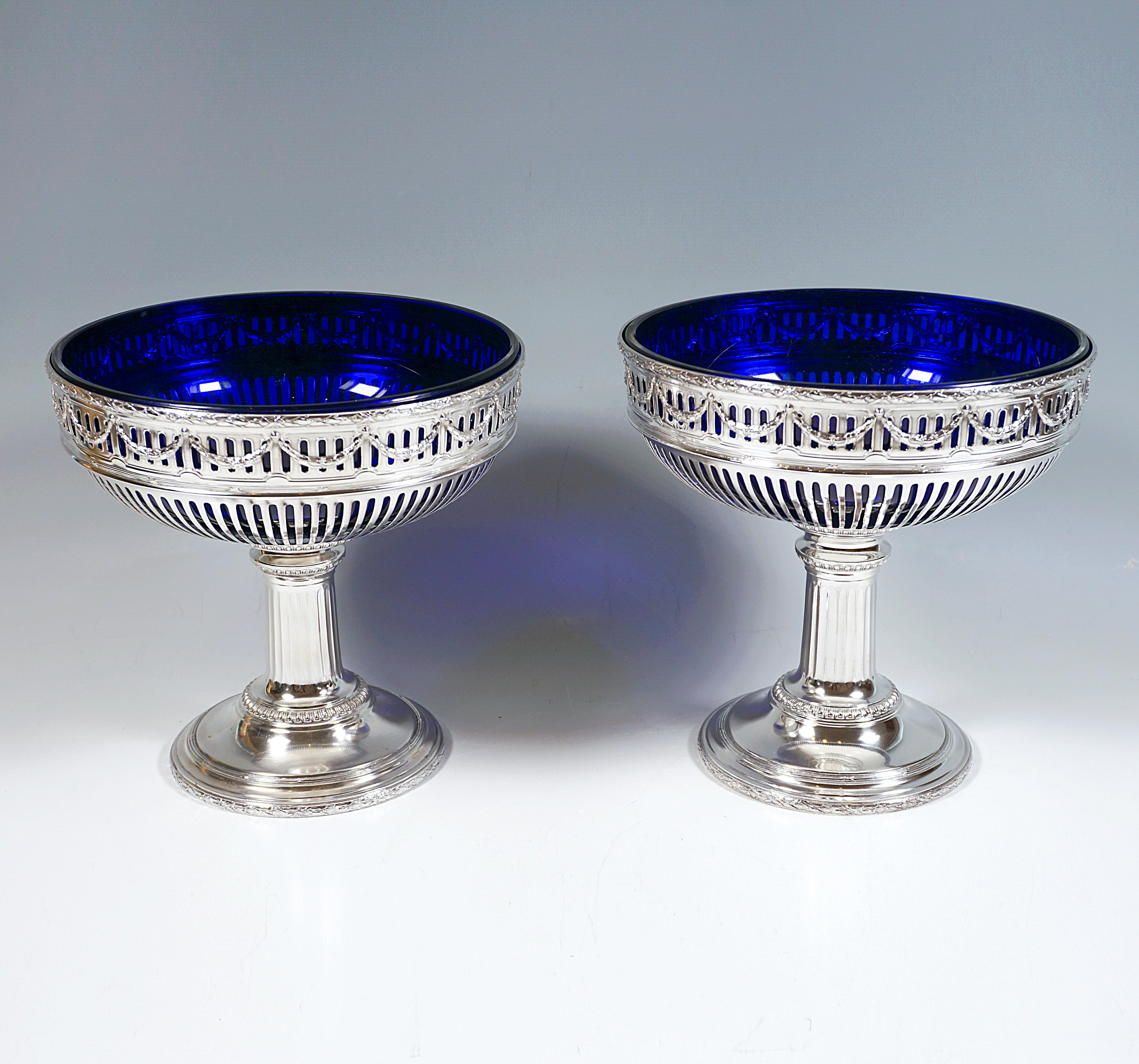 Hand-Crafted 3-Piece Silver Art Nouveau Centerpiece With Blue Glass Inserts, France Ca 1905 For Sale