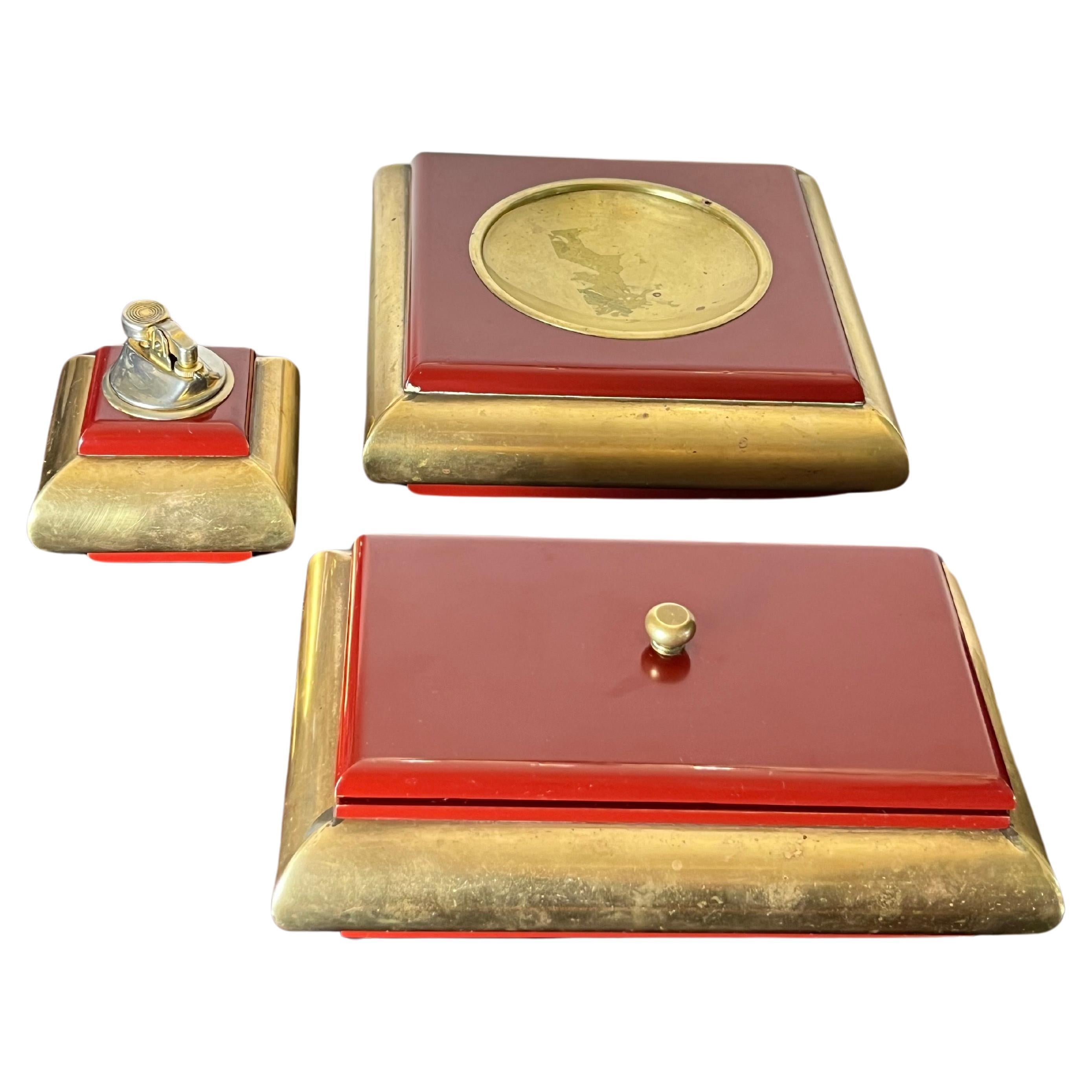 3-Piece Smoking Set in Brass and Enamelled Wood, made in Italy, 1970s