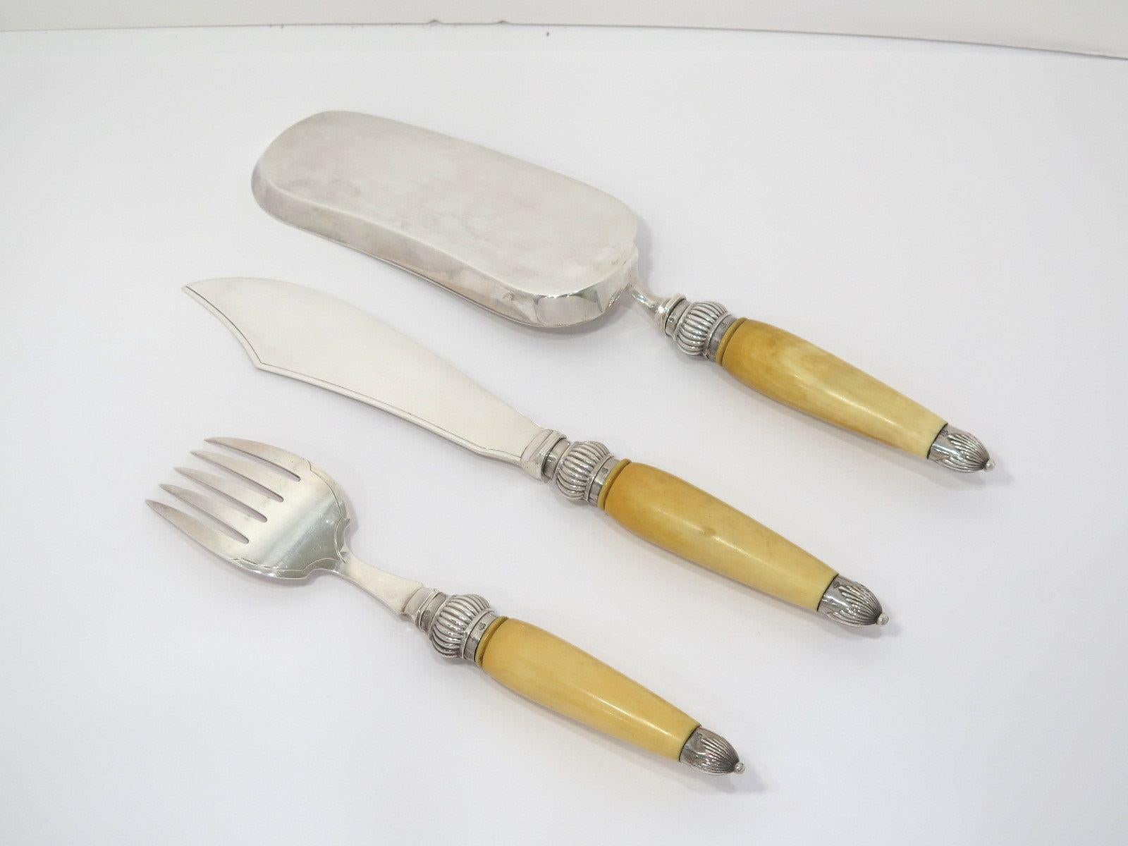 3 Piece Sterling Silver Ivory Cooper Bros. Antique English 1888 Cake Serving Set In Good Condition For Sale In Brooklyn, NY