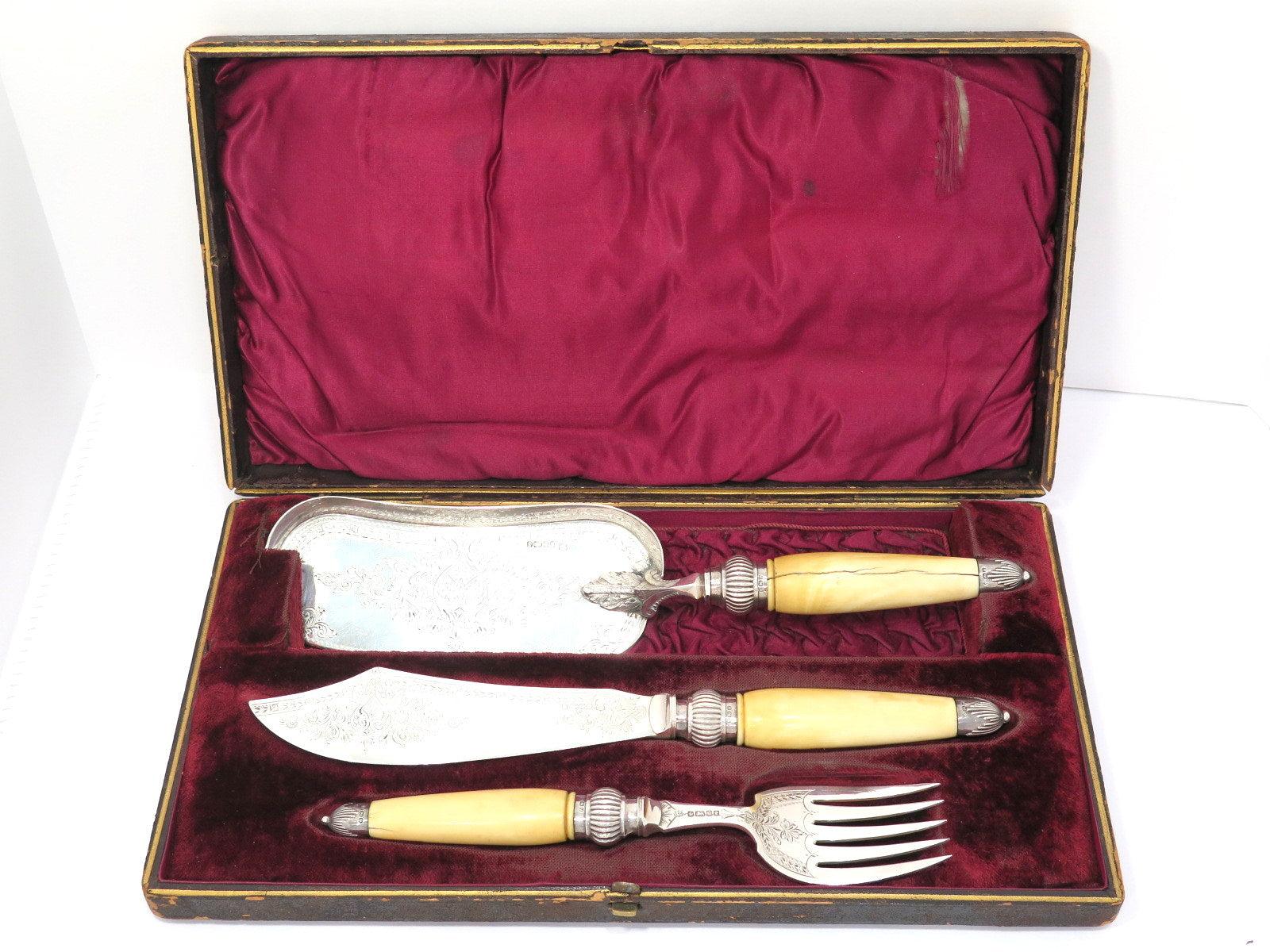 Late 19th Century 3 Piece Sterling Silver Ivory Cooper Bros. Antique English 1888 Cake Serving Set For Sale