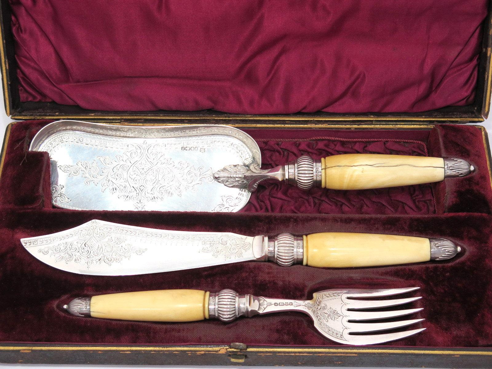 3 Piece Sterling Silver Ivory Cooper Bros. Antique English 1888 Cake Serving Set For Sale 1