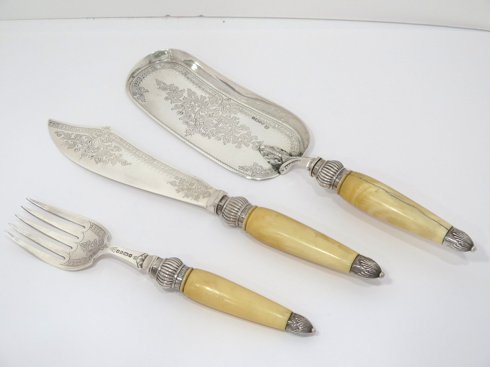 3 Piece Sterling Silver Ivory Cooper Bros. Antique English 1888 Cake Serving Set For Sale
