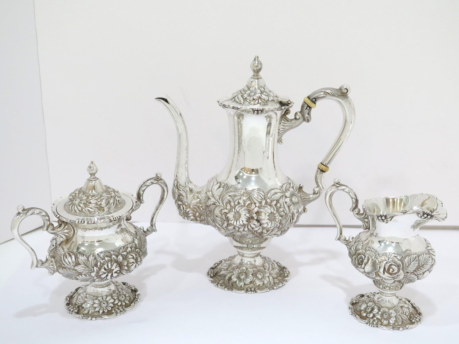 American 3 Piece, Sterling Silver Stieff Antique Floral Repousse Tea / Coffee Service