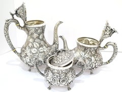 3 Piece-Sterling Silver Stieff Vintage Floral Repousse Tea / Coffee Service