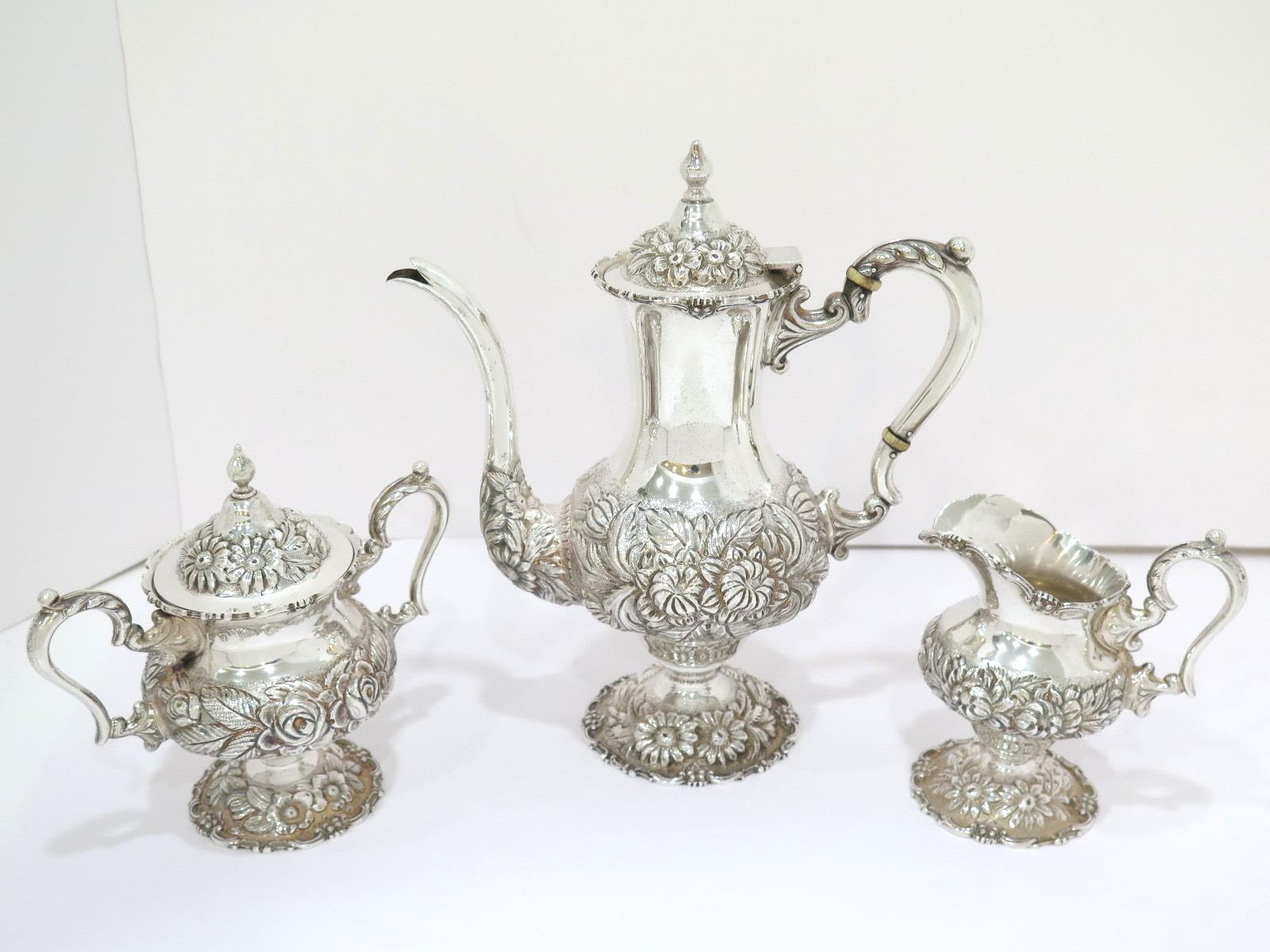 American 3 Piece, Sterling Silver Stieff Vintage Floral Repousse Tea / Coffee Service
