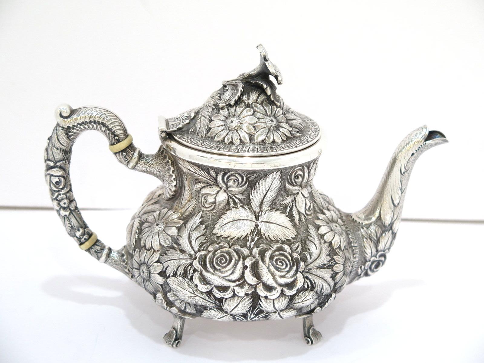 American 3 Piece-Sterling Silver Stieff Vintage Floral Repousse Tea / Coffee Service For Sale