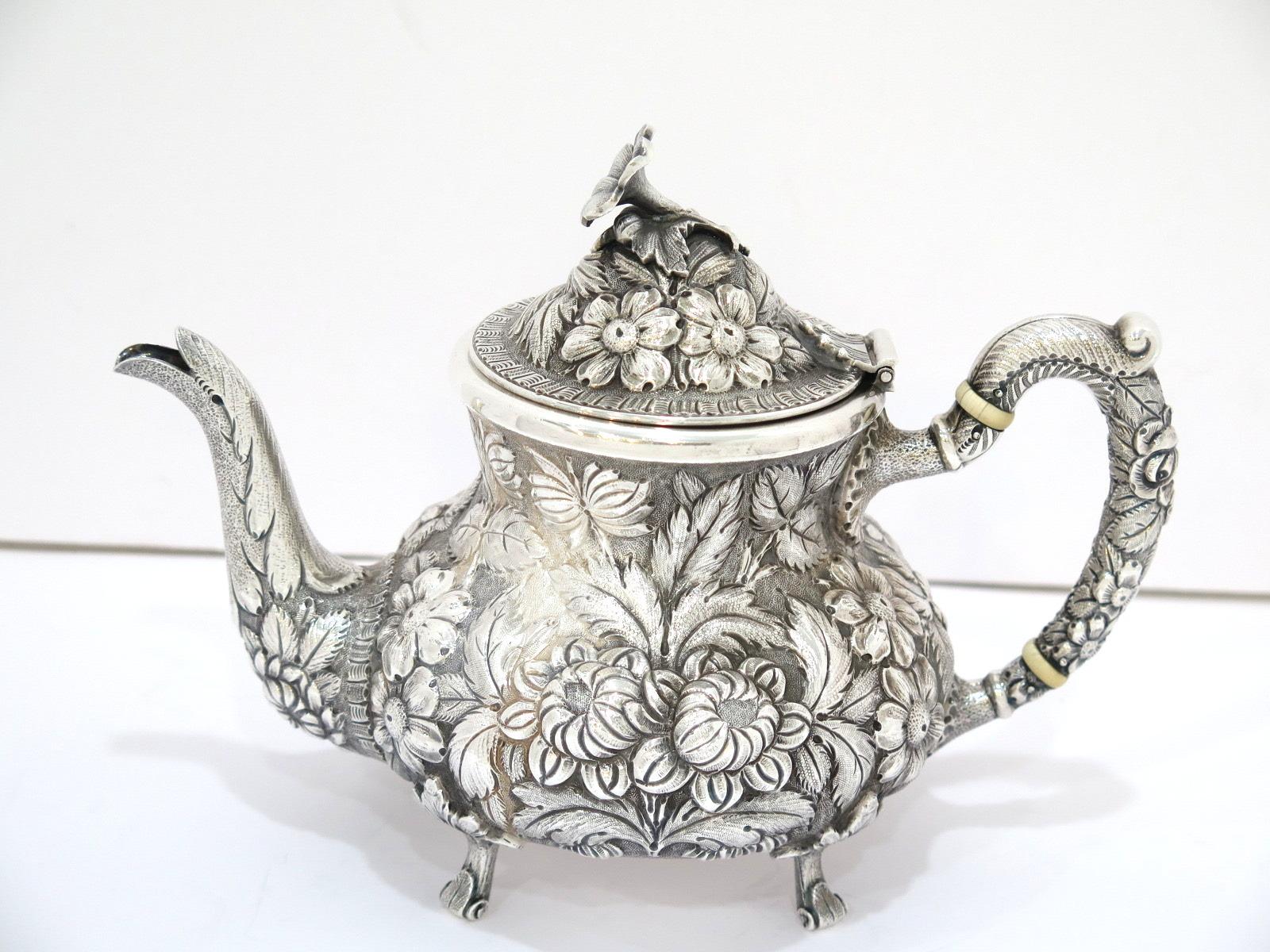 Repoussé 3 Piece-Sterling Silver Stieff Vintage Floral Repousse Tea / Coffee Service For Sale
