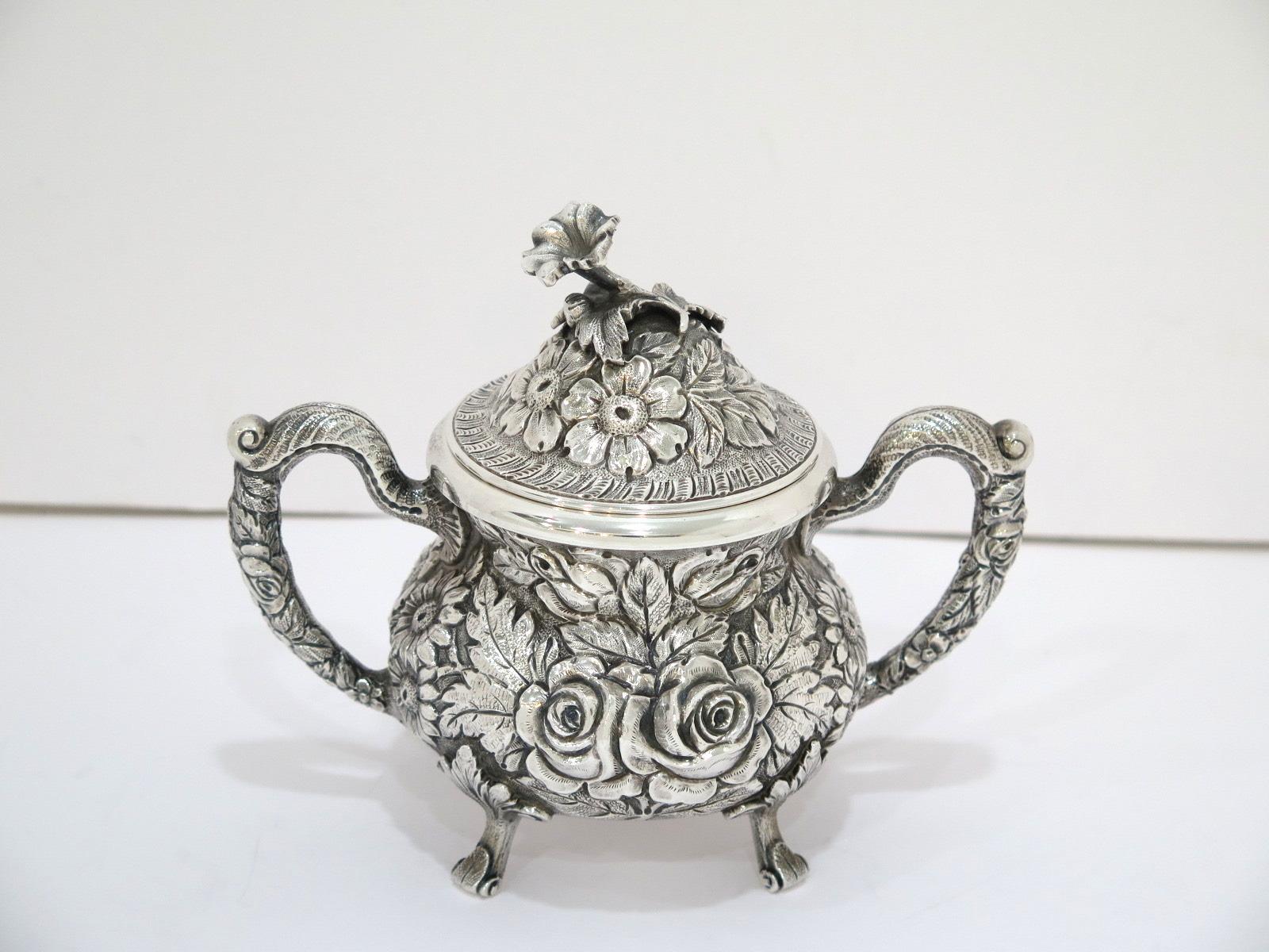 3 Piece-Sterling Silver Stieff Vintage Floral Repousse Tea / Coffee Service In Good Condition For Sale In Brooklyn, NY