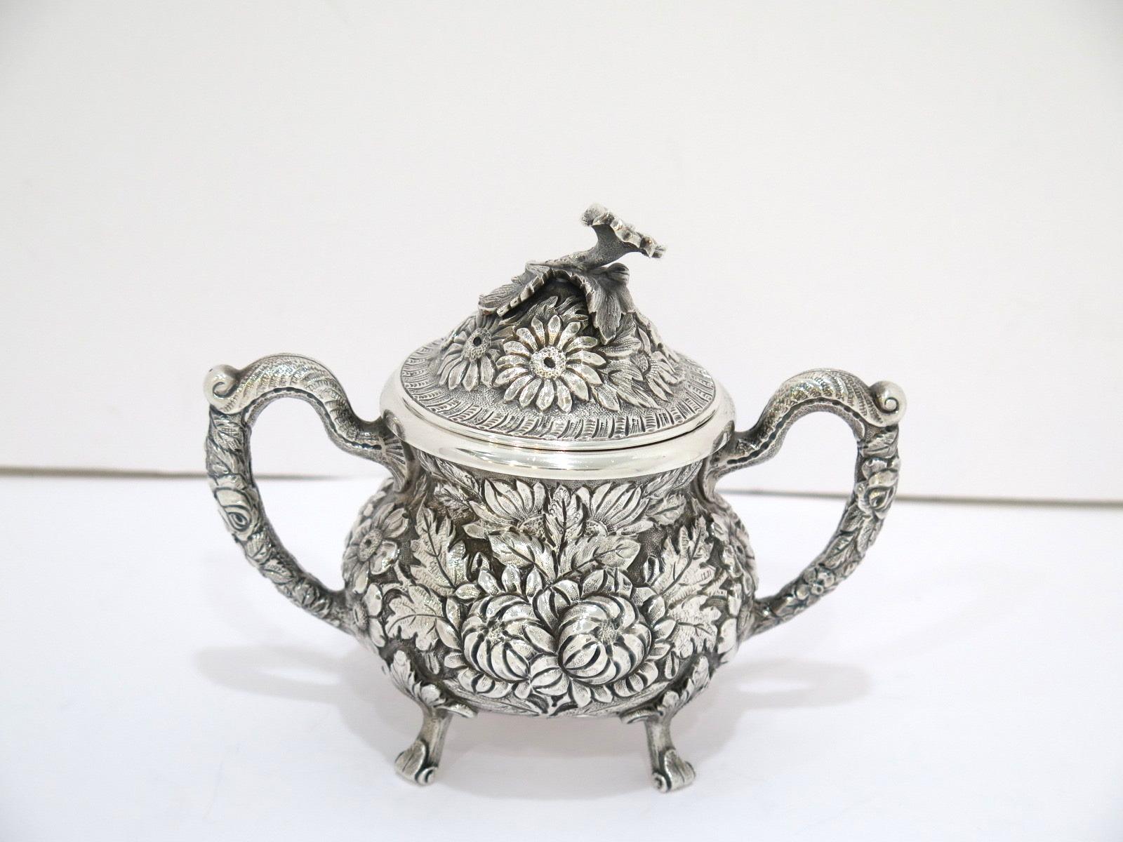 20th Century 3 Piece-Sterling Silver Stieff Vintage Floral Repousse Tea / Coffee Service For Sale