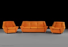 3-Piece Lounge Suite 3-seat settee Sofa Armchair Pair Vintage 1970 Orange Boucle
