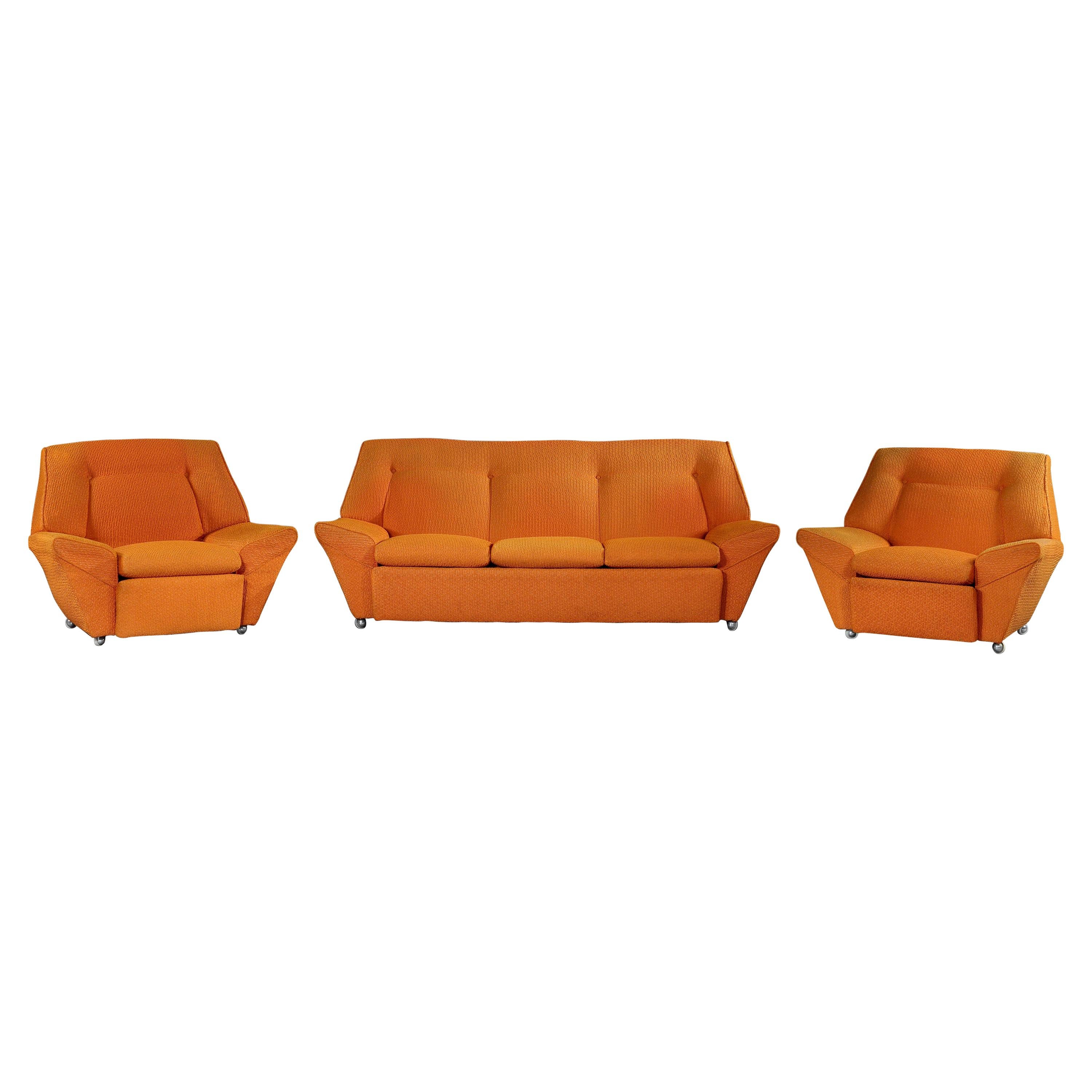 3-Piece Lounge Suite 3-seat settee Sofa Armchair Pair Vintage 1970 Orange Boucle
