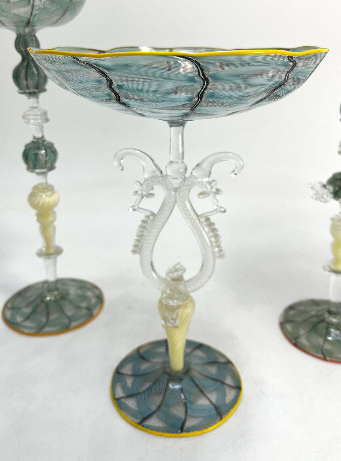 3 Piece Venetian Blue Latticino Striped Art Glass Garniture, 2nd Half 20th Cent For Sale 1
