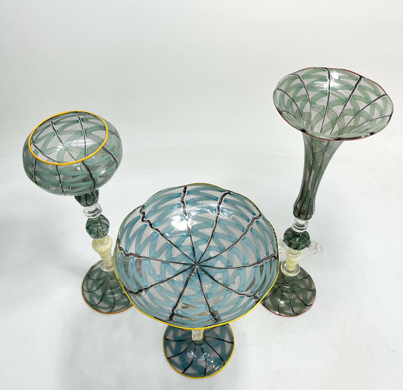 3 Piece Venetian Blue Latticino Striped Art Glass Garniture, 2nd Half 20th Cent 2