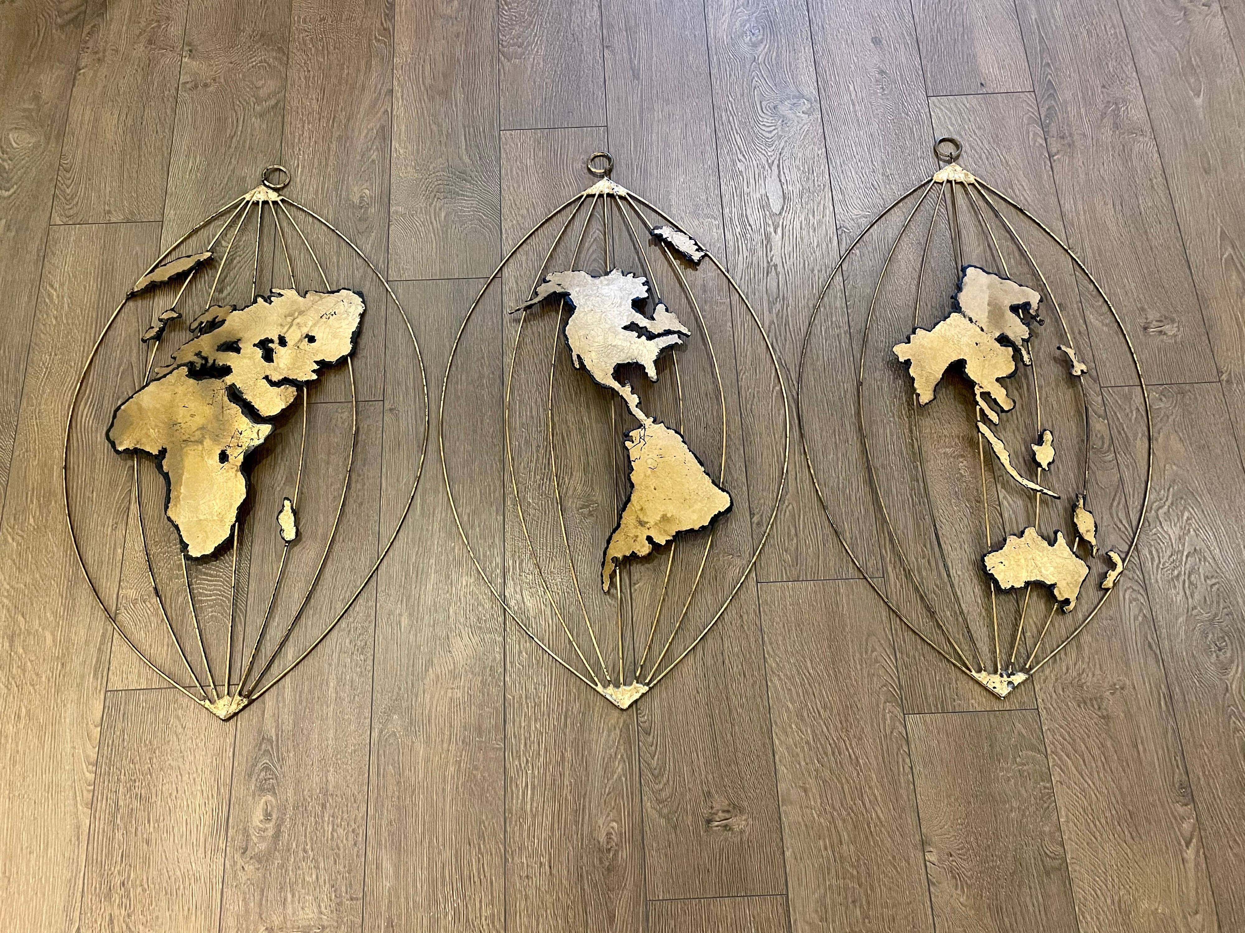 Great 3 piece world hanging map metal painted with gold finish, circa 1980s very unusual not signed.