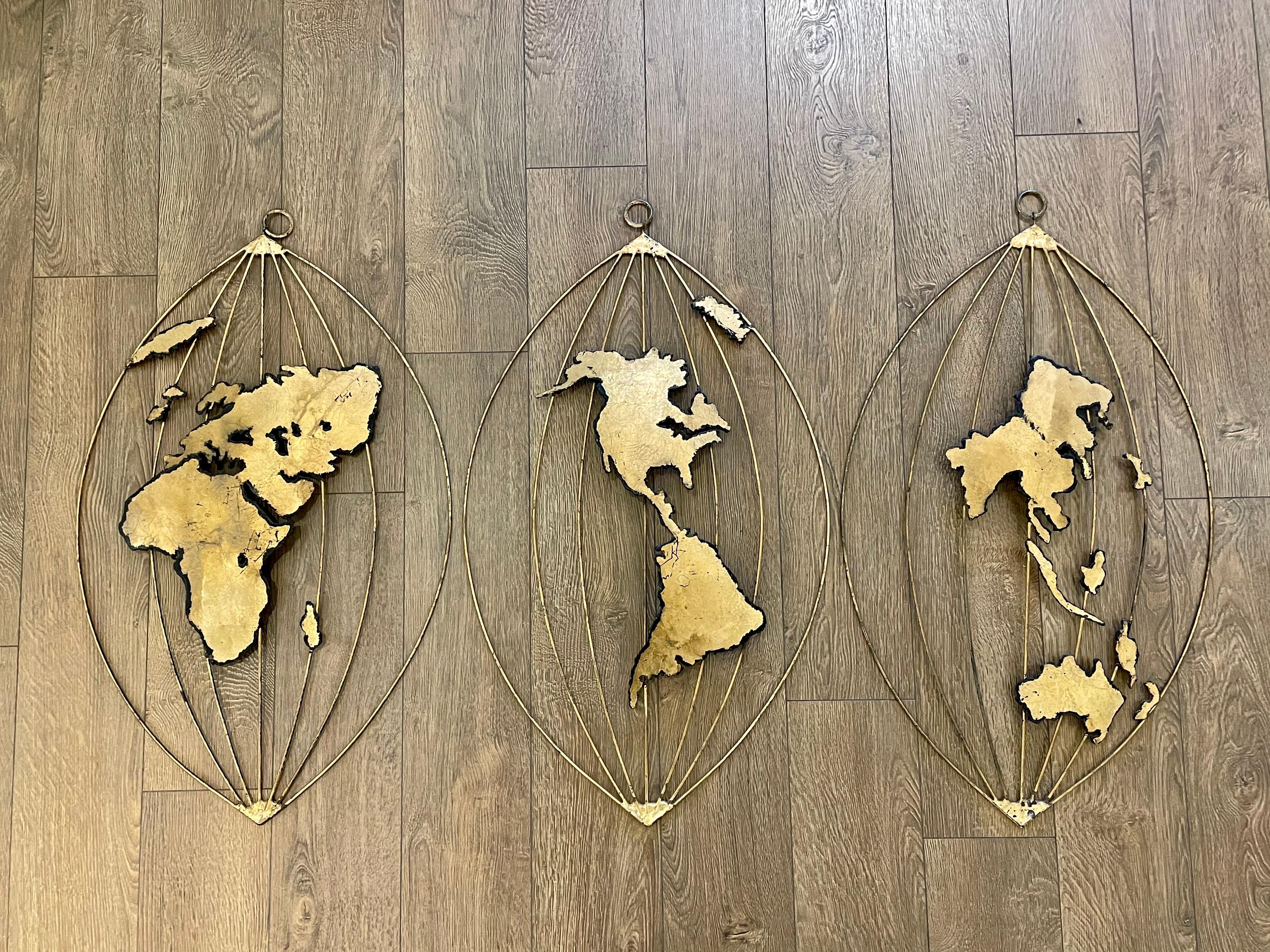Mid-Century Modern 3 Piece World Map in the Style of Curtis Jere in Gold Finish