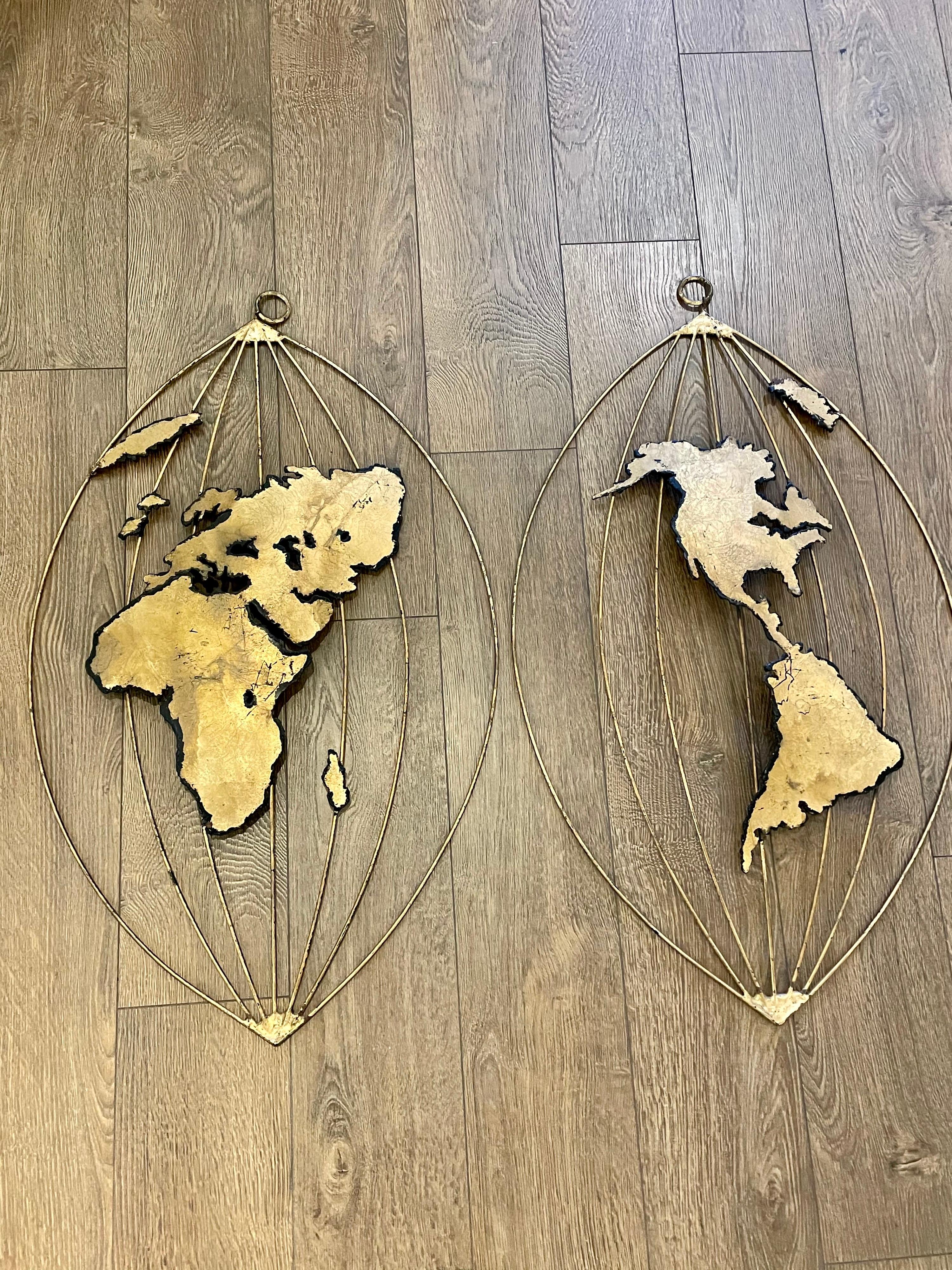 20th Century 3 Piece World Map in the Style of Curtis Jere in Gold Finish