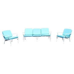 3 Piece Wrought Iron Woodard Metal Patio Set Reversable Cushions Sofa & 2 Chairs