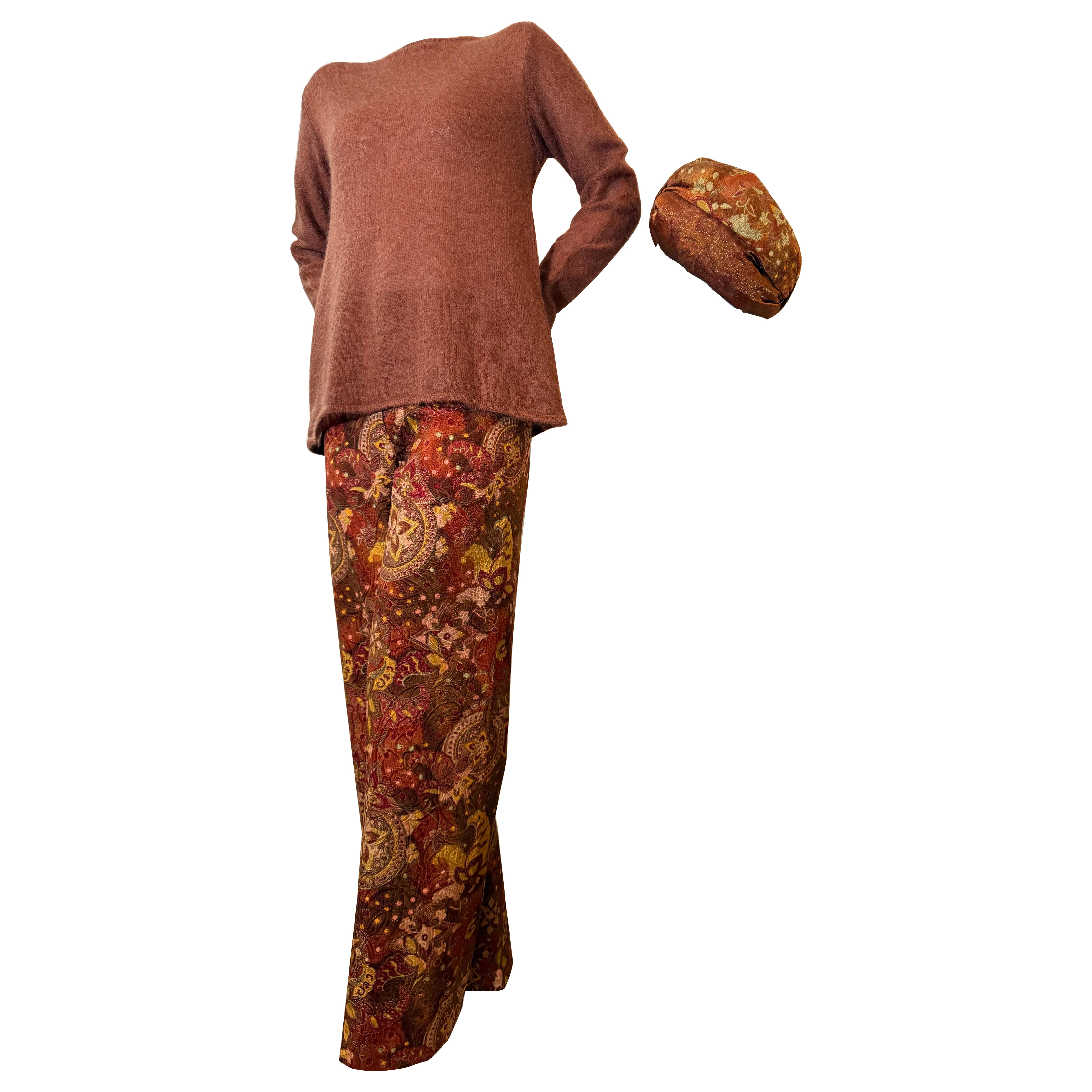 Tunique 3 pièces en mohair Yves Saint Laurent / Pantalon en soie Paisley / Turban assorti en vente