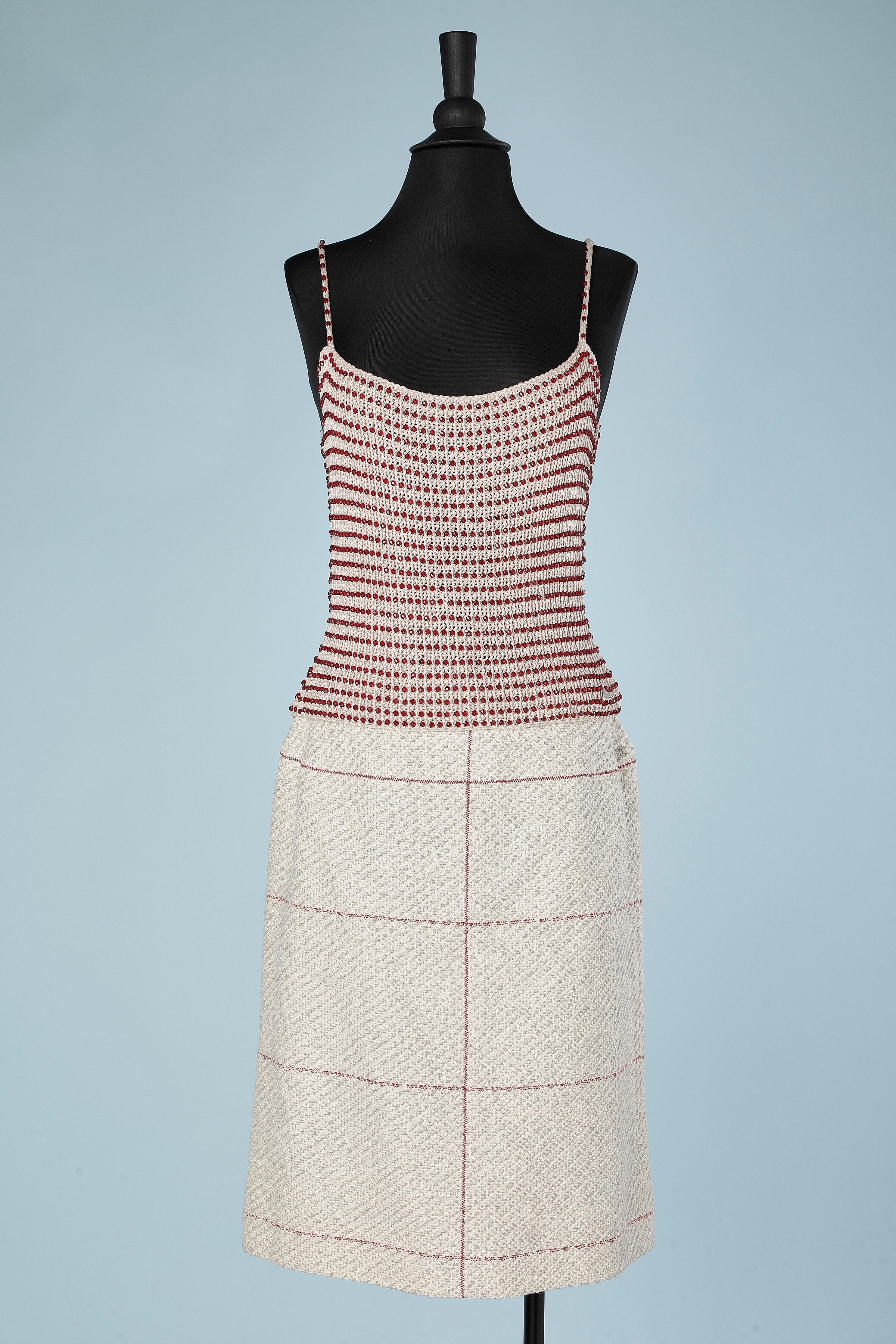 3 pieces ensemble in off-white cotton and wool tweed with red beads Chanel  4