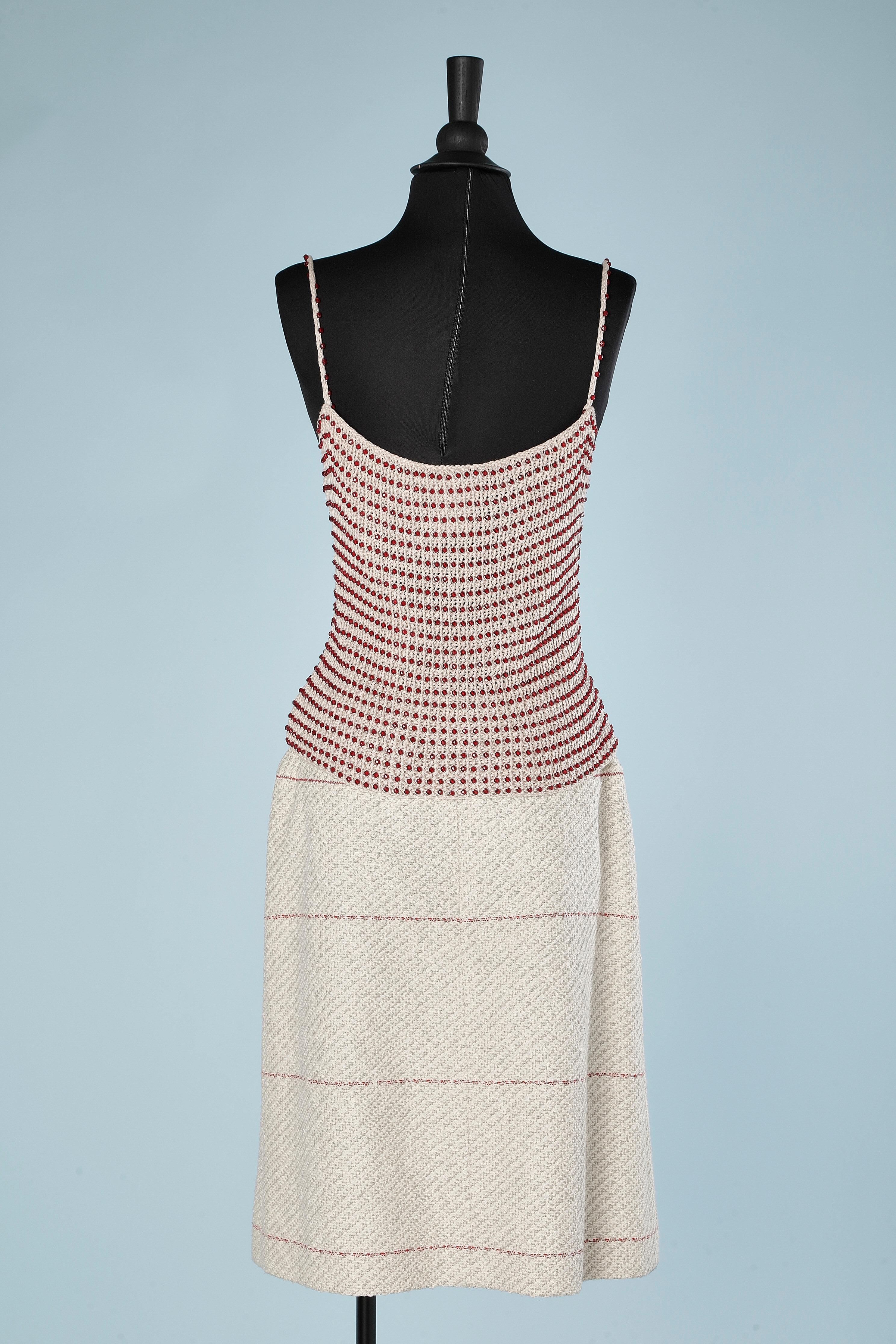 Women's 3 pieces ensemble in off-white cotton and wool tweed with red beads Chanel 