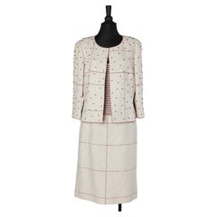 3 pieces ensemble in off-white cotton and wool tweed with red beads Chanel 