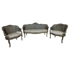 Set da salotto a 3 pezzi in legno laccato e cannage, CIRCA 1900