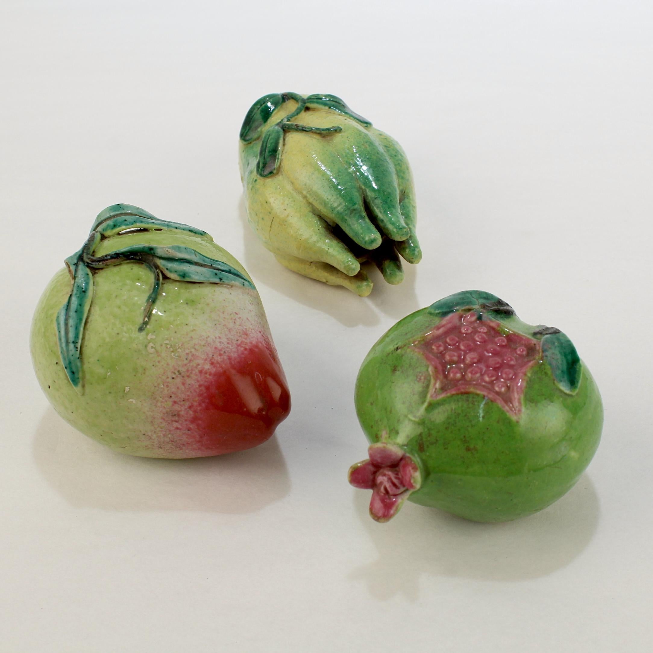 3 pieces of Chinese export porcelain.

Modeled as various altar fruit.

With yellow, green, and dark pink glazes.

A wonderful addition to any collection!

Date:
20th century

Overall condition:
They are in overall good, as-pictured,