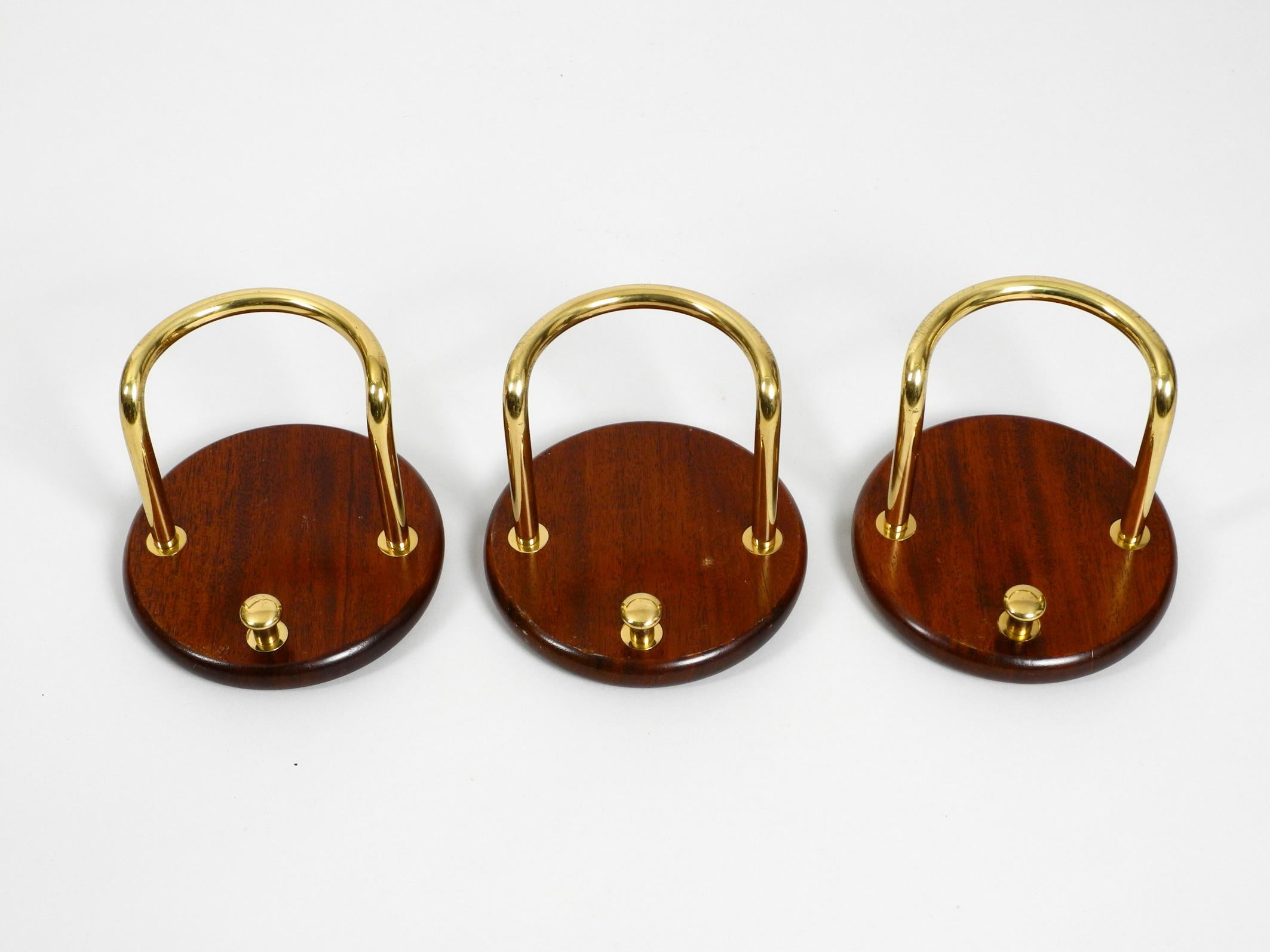 3 Pieces of Very Elegant Large 1970s Wall Hooks Made of Teak and Brass 5
