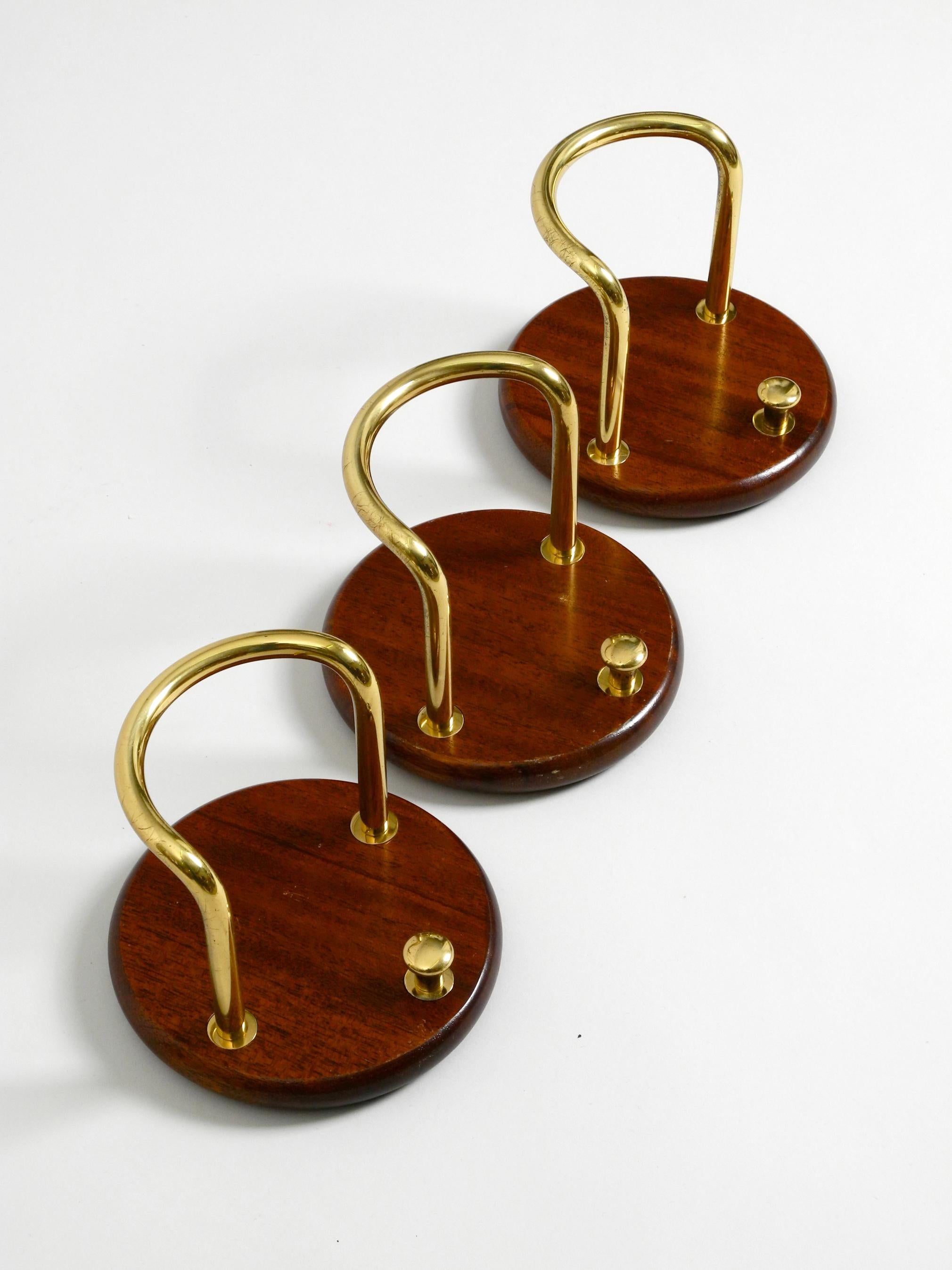 3 Pieces of Very Elegant Large 1970s Wall Hooks Made of Teak and Brass 7