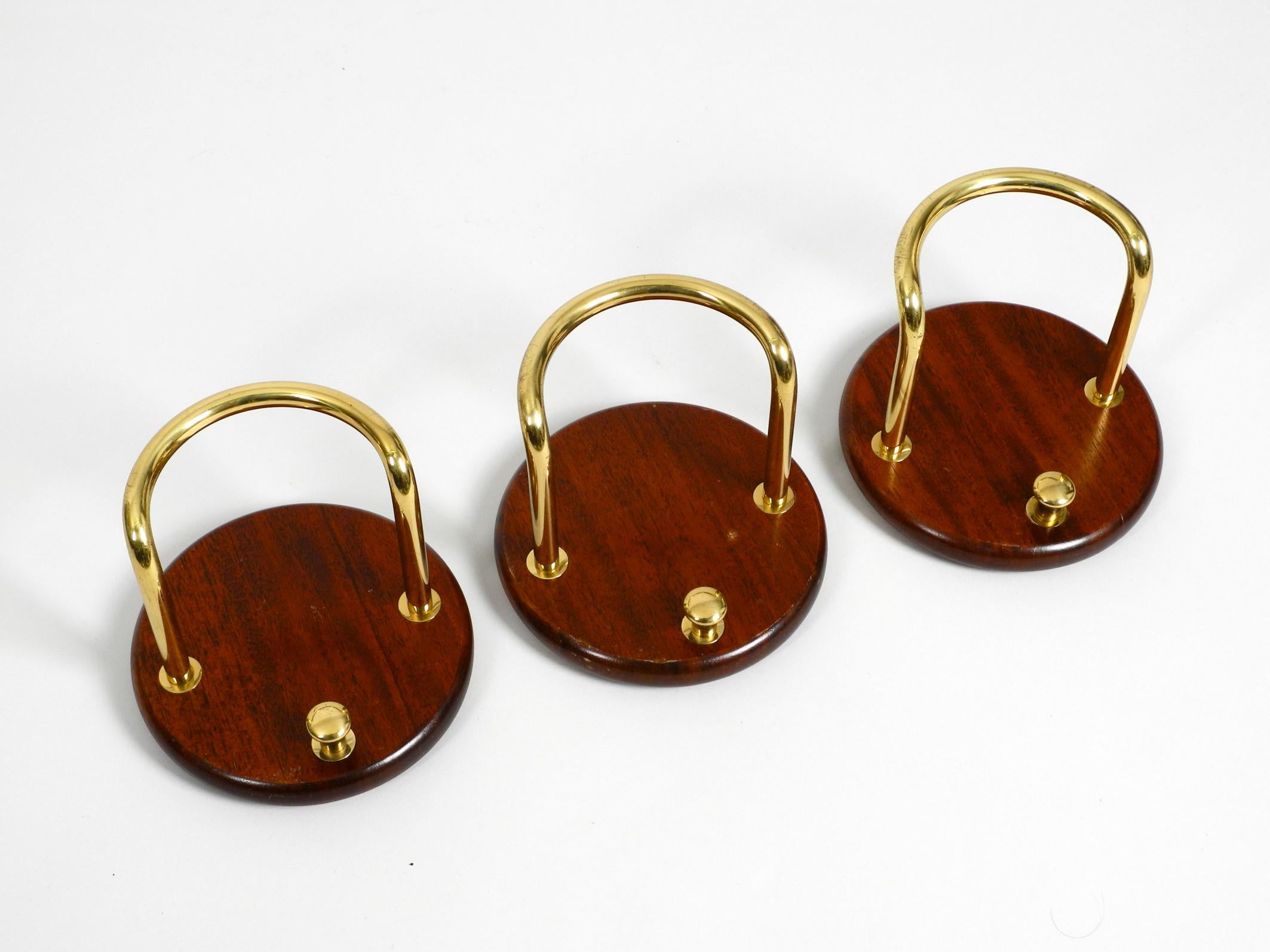 Hollywood Regency 3 Pieces of Very Elegant Large 1970s Wall Hooks Made of Teak and Brass