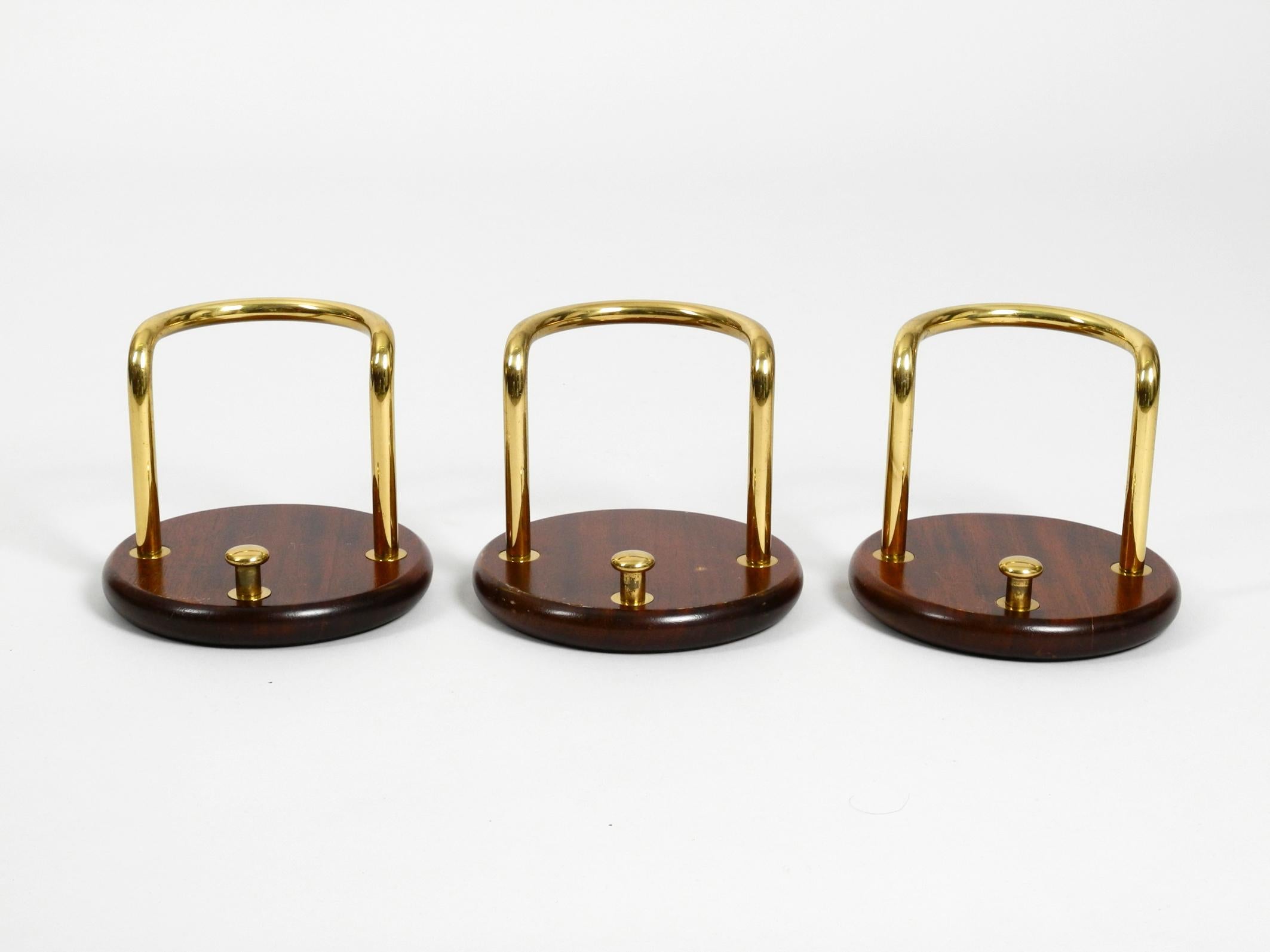 Late 20th Century 3 Pieces of Very Elegant Large 1970s Wall Hooks Made of Teak and Brass