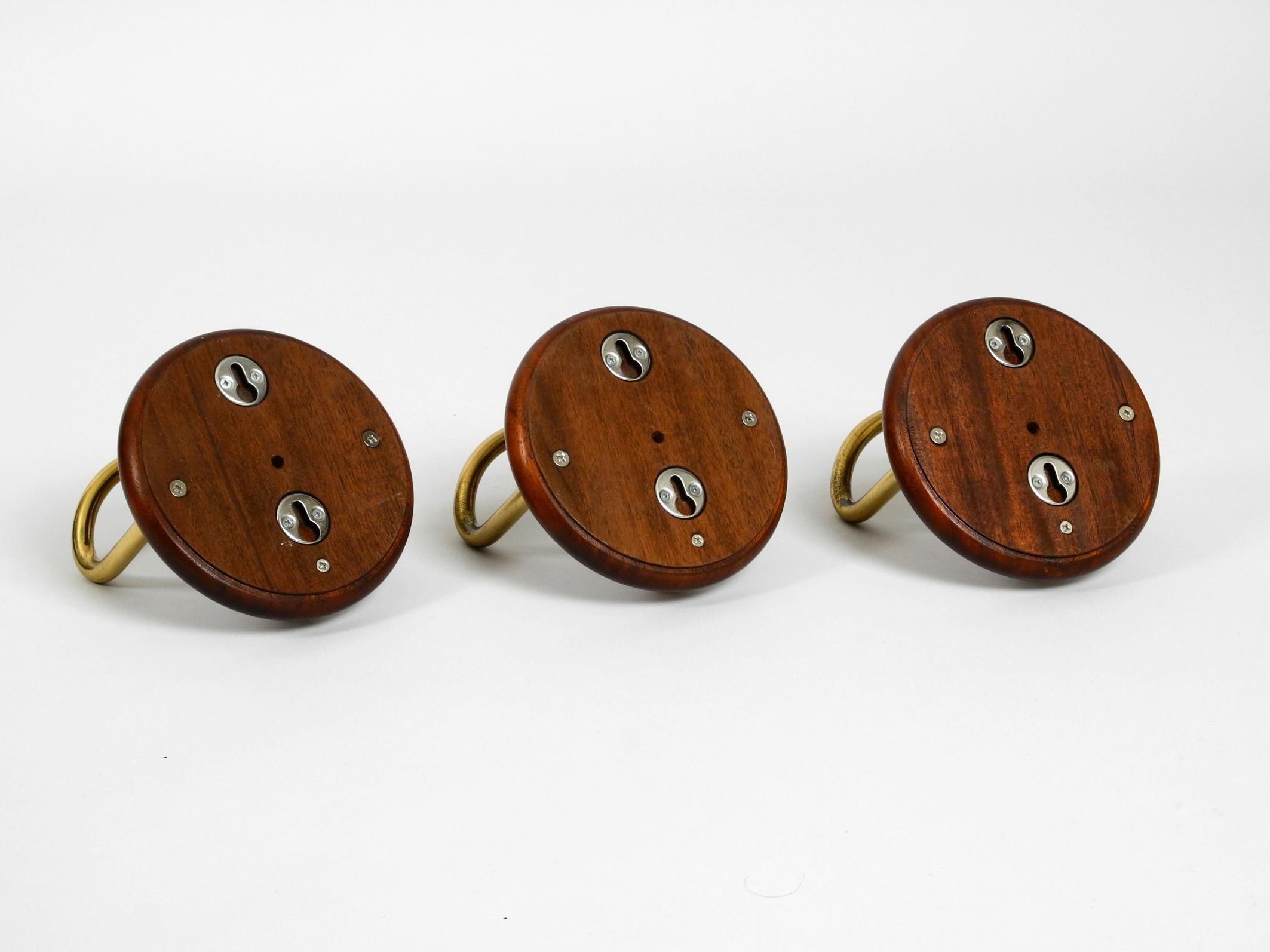 3 Pieces of Very Elegant Large 1970s Wall Hooks Made of Teak and Brass 2