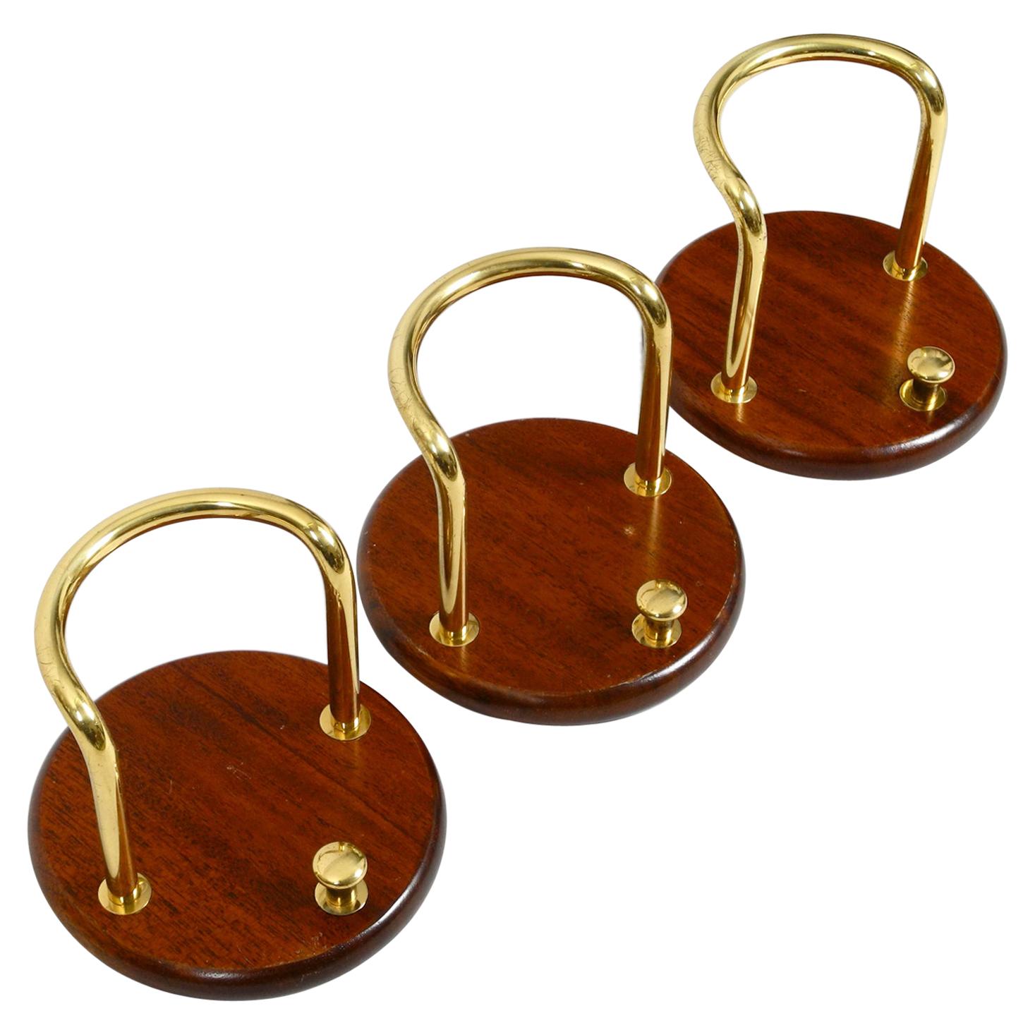 3 Pieces of Very Elegant Large 1970s Wall Hooks Made of Teak and Brass