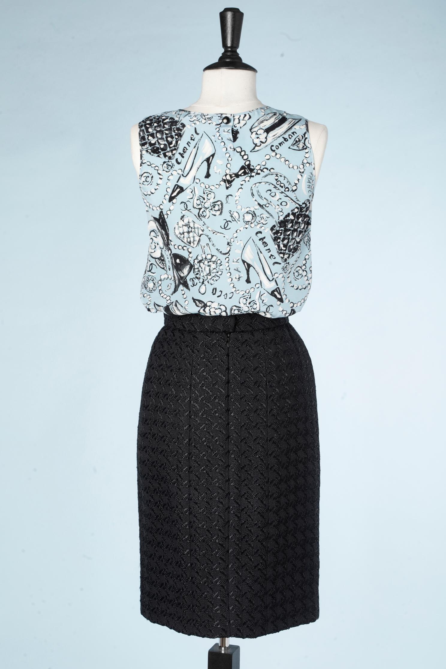 3 pieces skirt suit in navy blue wool and printed silk top SS 1993 Chanel For Sale 6
