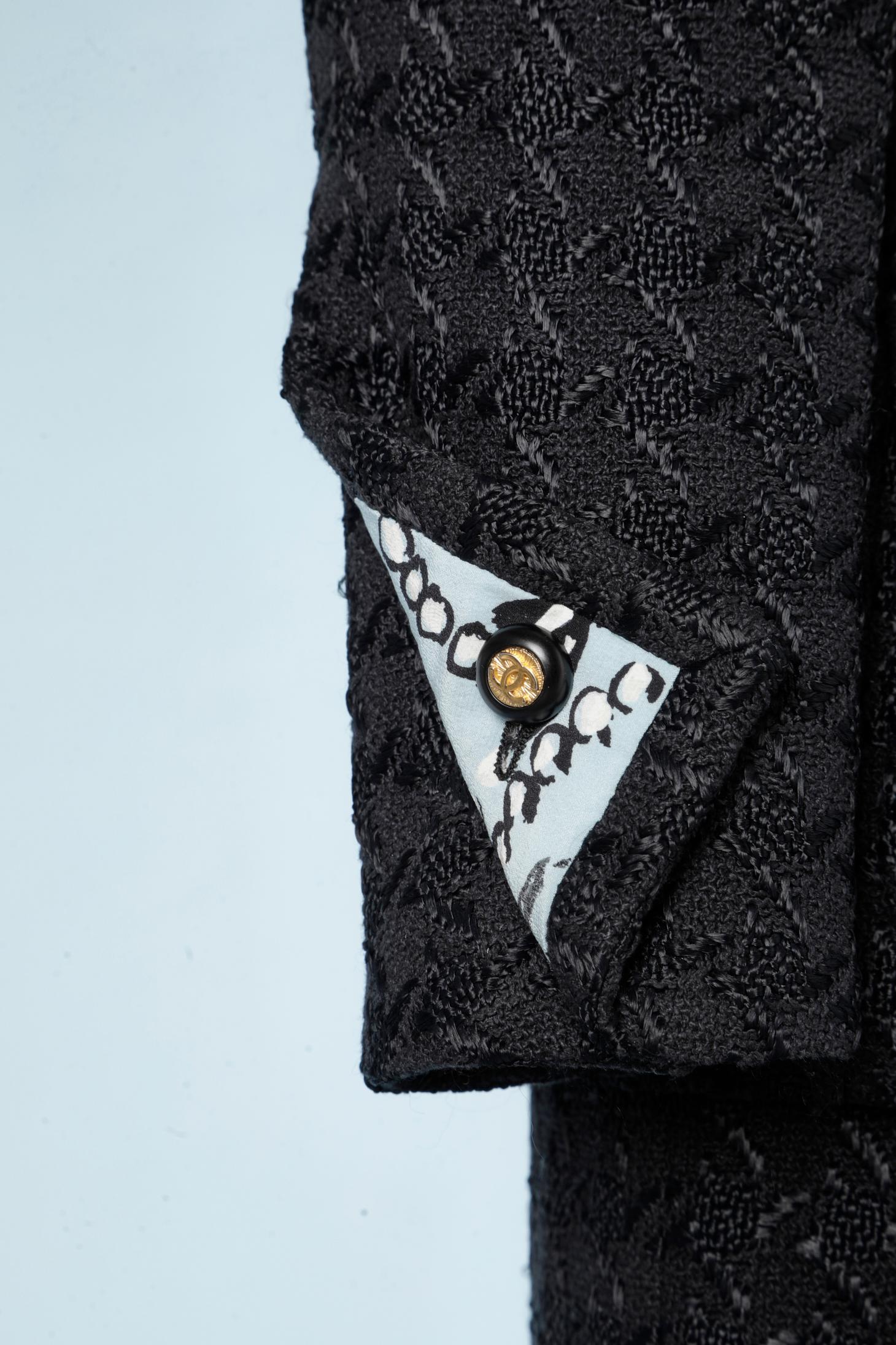 Black 3 pieces skirt suit in navy blue wool and printed silk top SS 1993 Chanel For Sale