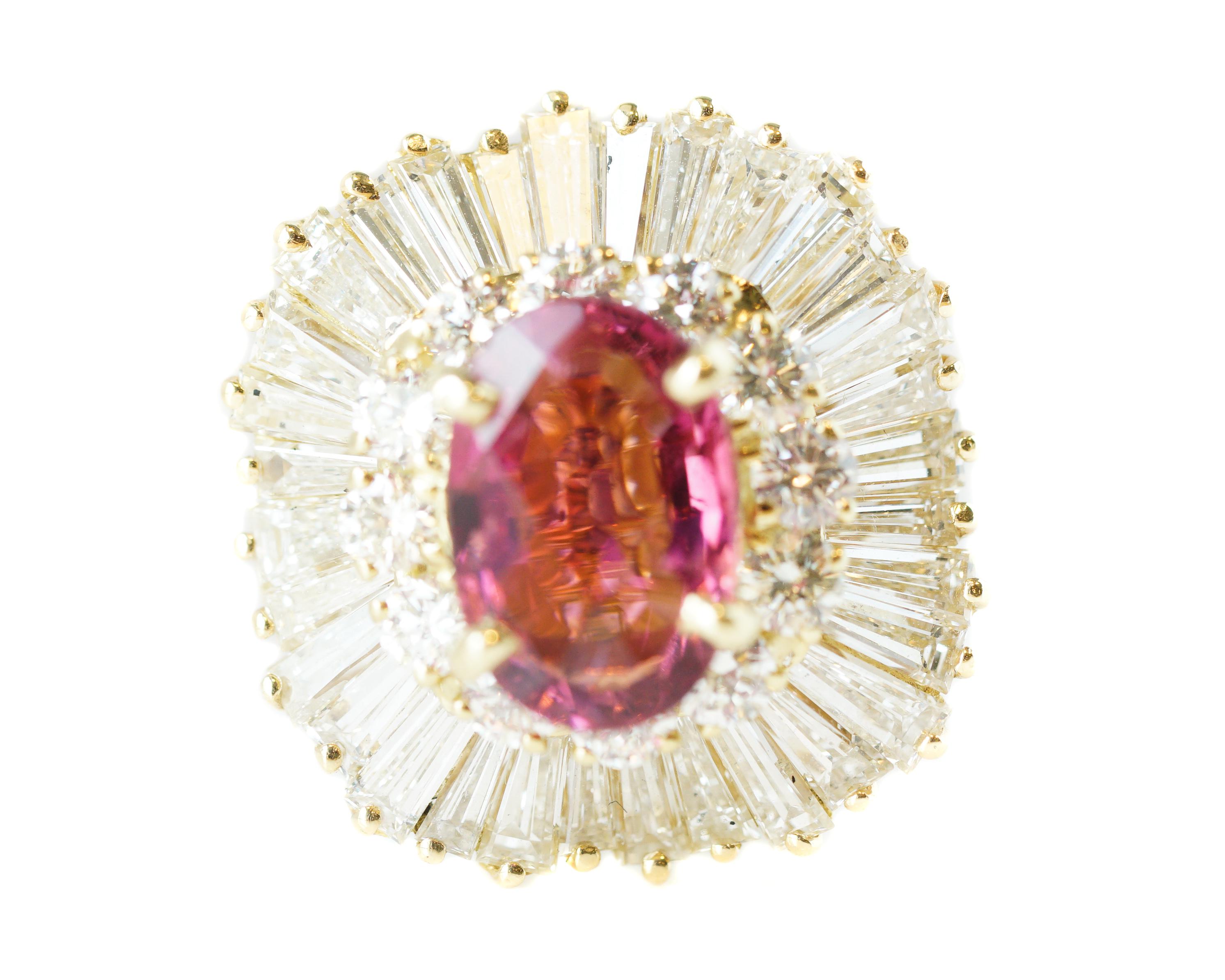 Convertible Ballerina Ring, Pendant - 18 karat Yellow Gold, White Gold, Pink Tourmaline, Diamonds

Features:
3.0 carat Oval Pink Tourmaline
5.0 carat total Round and Baguette Diamonds
18 karat Yellow Gold Setting
18 karat White Gold hinged bar on