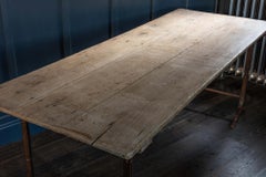 3 Plank Silvered Grey Oak Riveted Iron Trestle Table, English