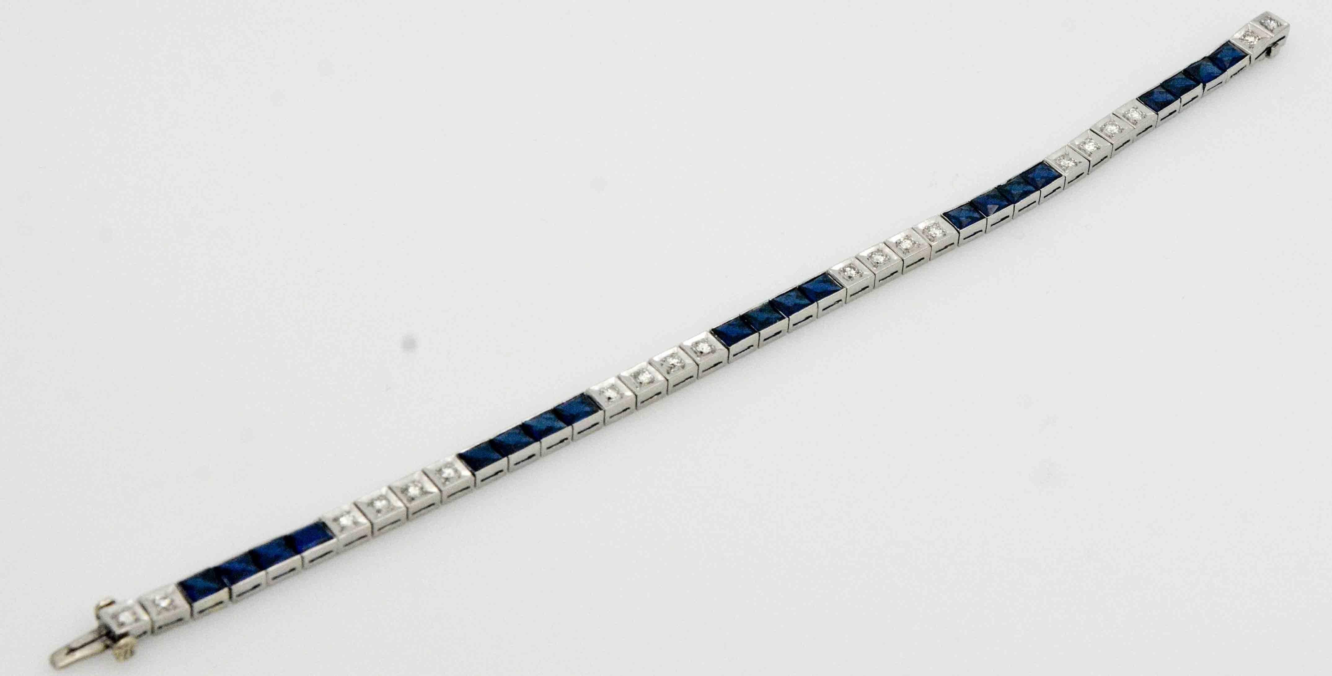 The Art Deco design is evident in this set of 3 platinum bracelets created Circa 1940's. Each bracelet is set with blocks of either diamonds or step cut/French cut synthetic blue sapphires. 2.89 ctw round brilliant cut diamonds with G-H color, VS