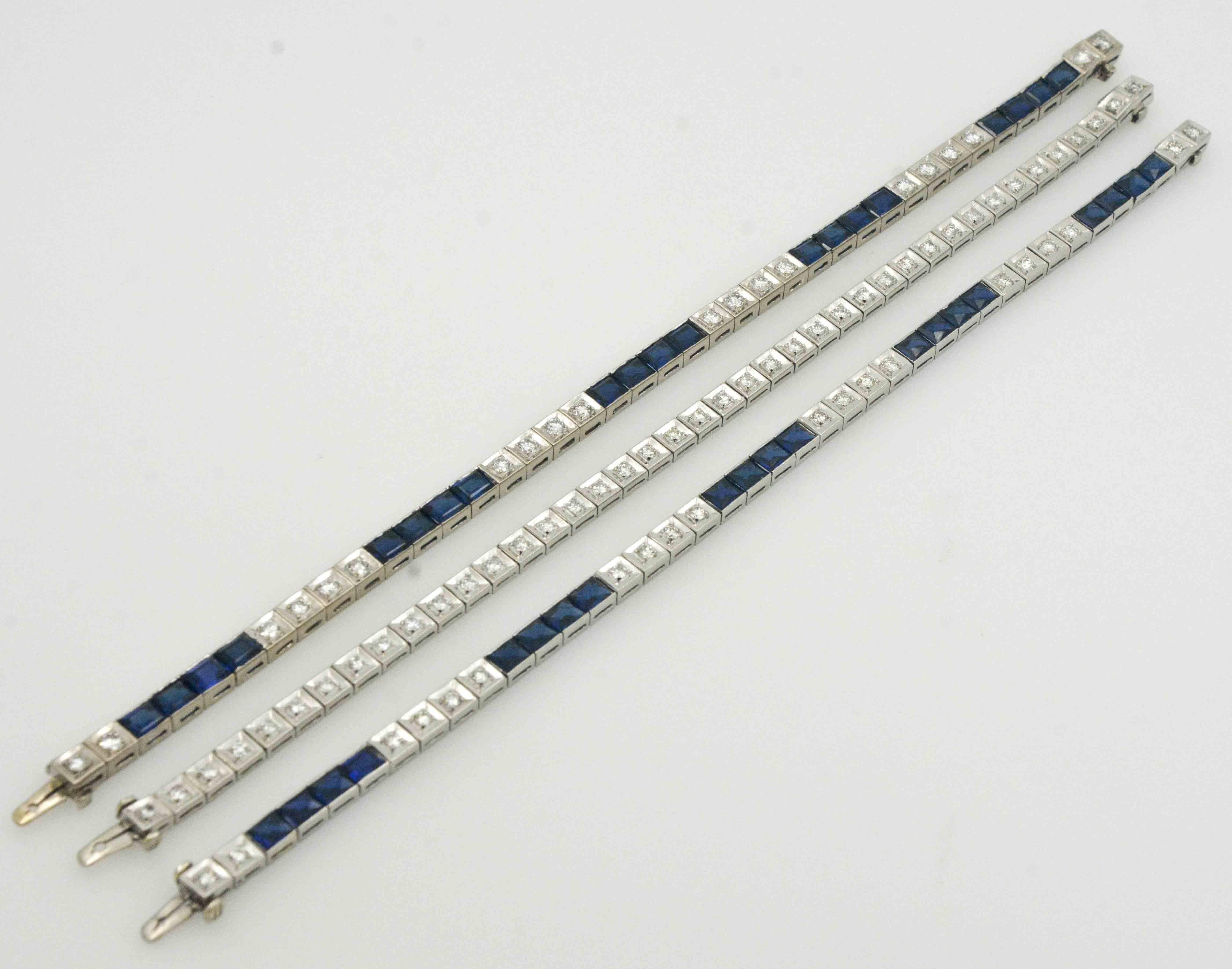 Round Cut Three Platinum Bracelets; 2.89 Carat Diamonds 9.9 Carat Synthetic Sapphires