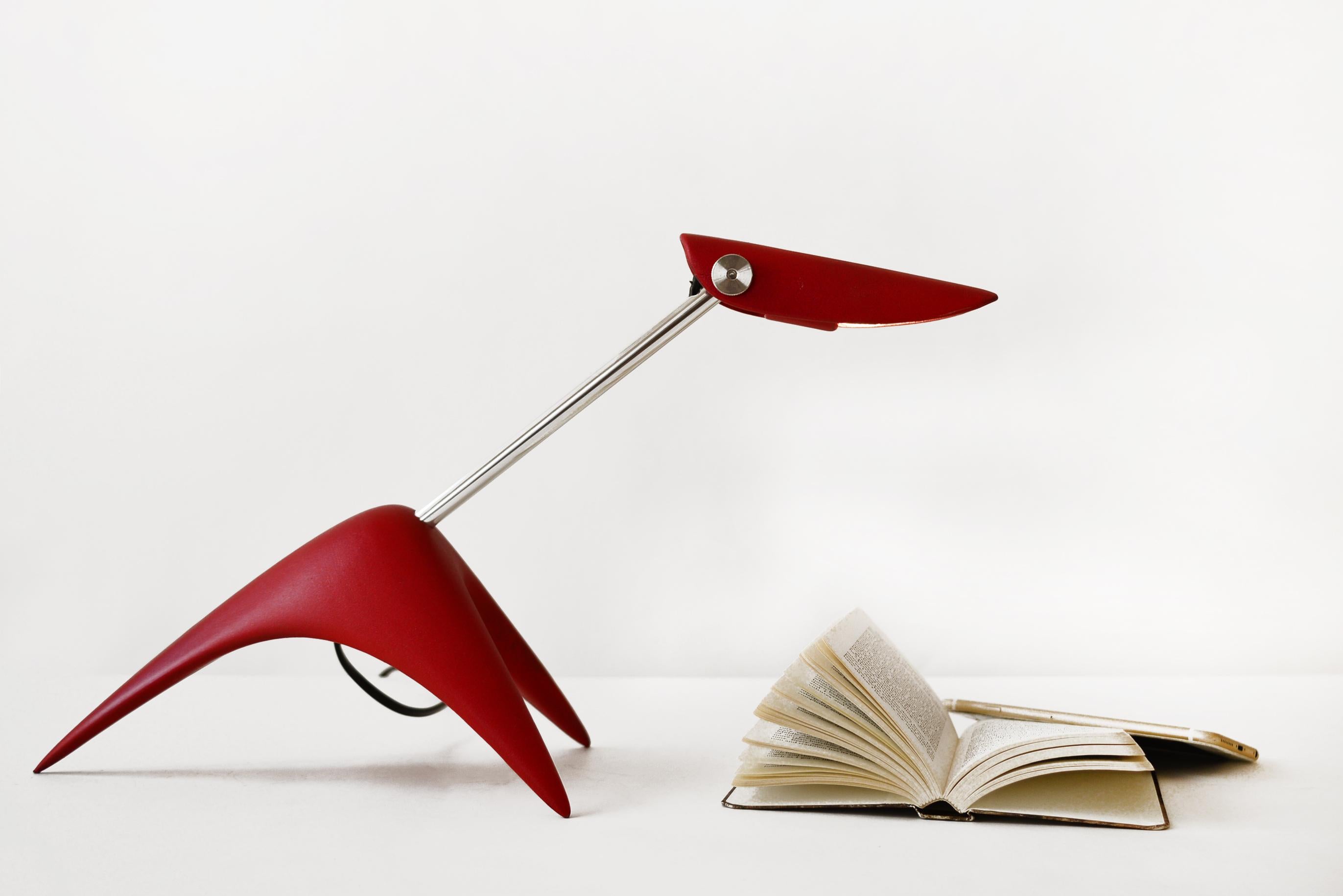 3-Pop Desk Lamp by Lucio Rossi
Dimensions: D 16 x W 48  x H 25 cm
Material: Lacquered recycled plastic, aluminum, stainless steel.
Weight: 0,65 kg
Available in 4 colors: matte white, varano red, metallic purple, and Argentina's blue.

Compact,