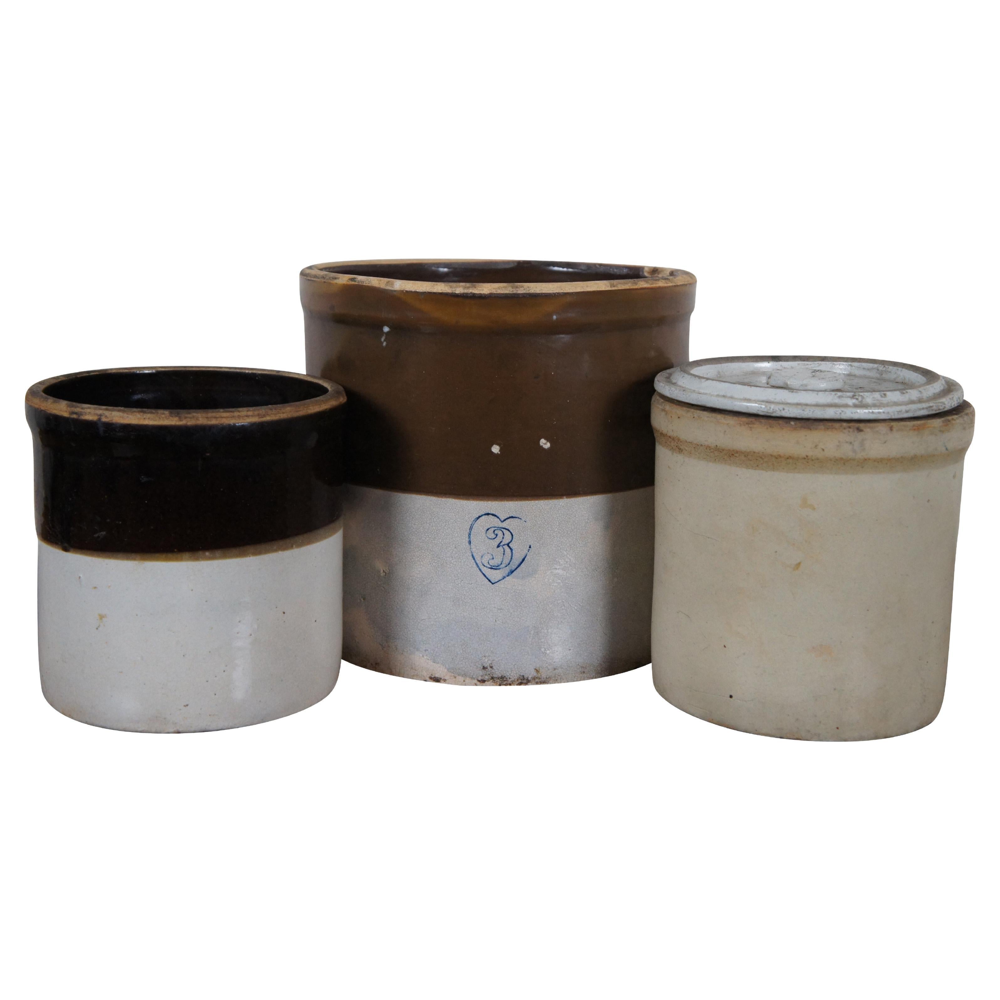3 Primitive Antique Salt Glaze American Stoneware Crocks & Lid 3 Gallon 1 Gallon